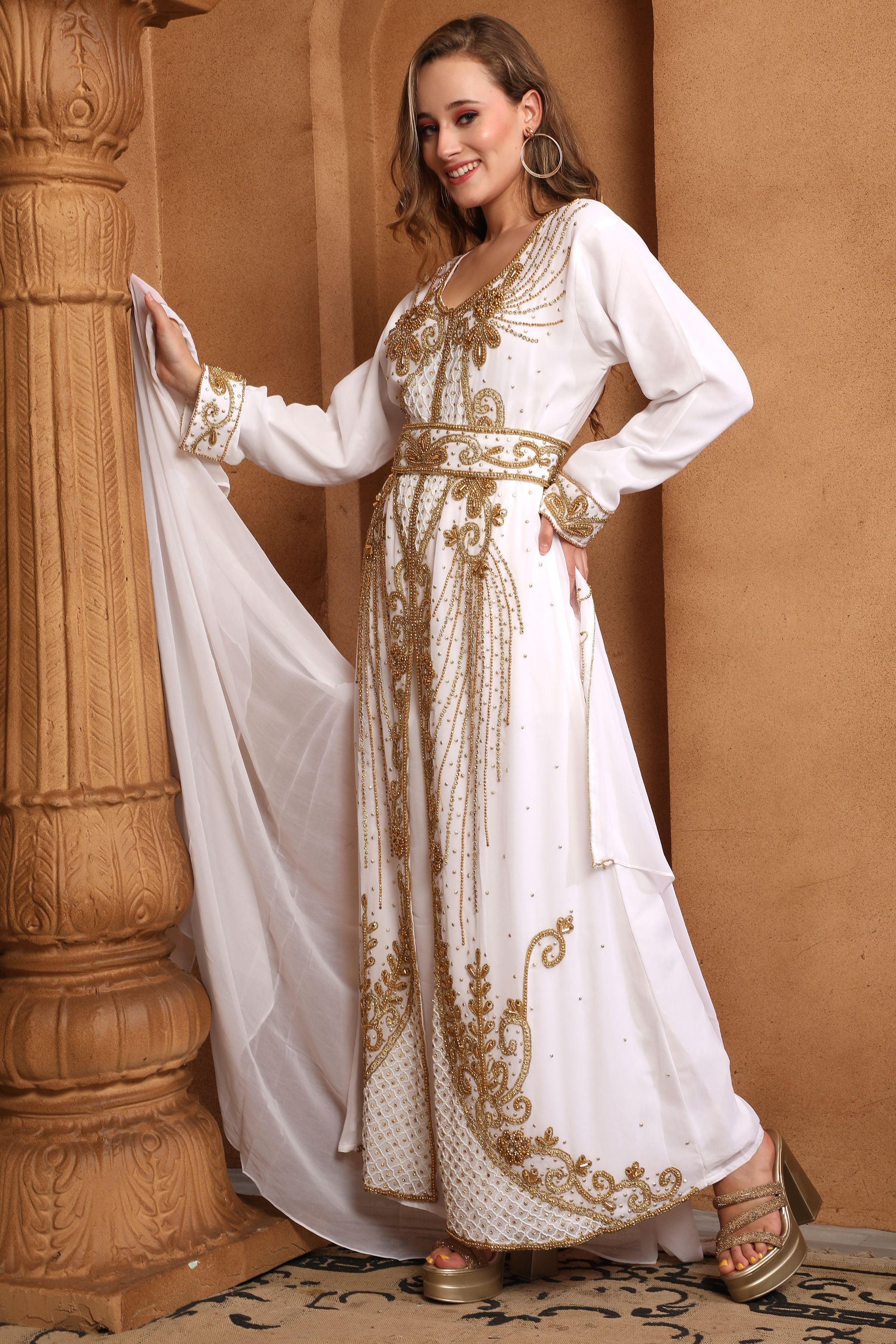 Side of Laila White Moroccan Caftan With Hand Embroidery