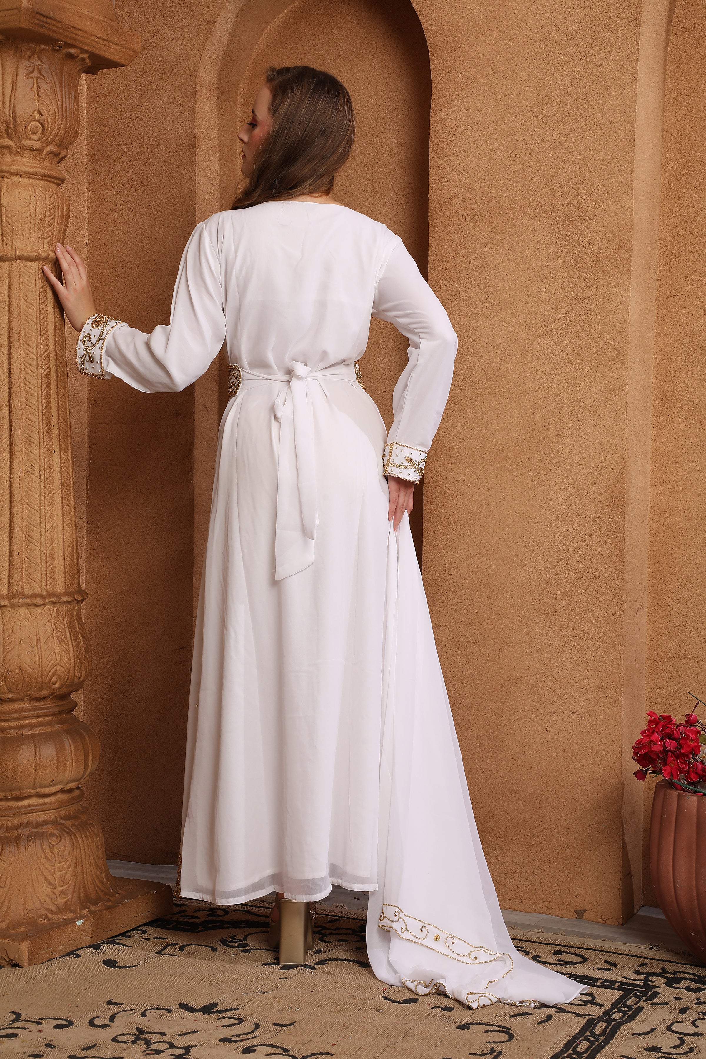 Back of Laila White Moroccan Caftan With Hand Embroidery