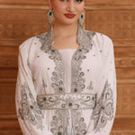 Close of Leena White Moroccan Caftan With Hand Embroidery