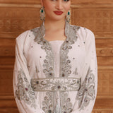 Close of Leena White Moroccan Caftan With Hand Embroidery