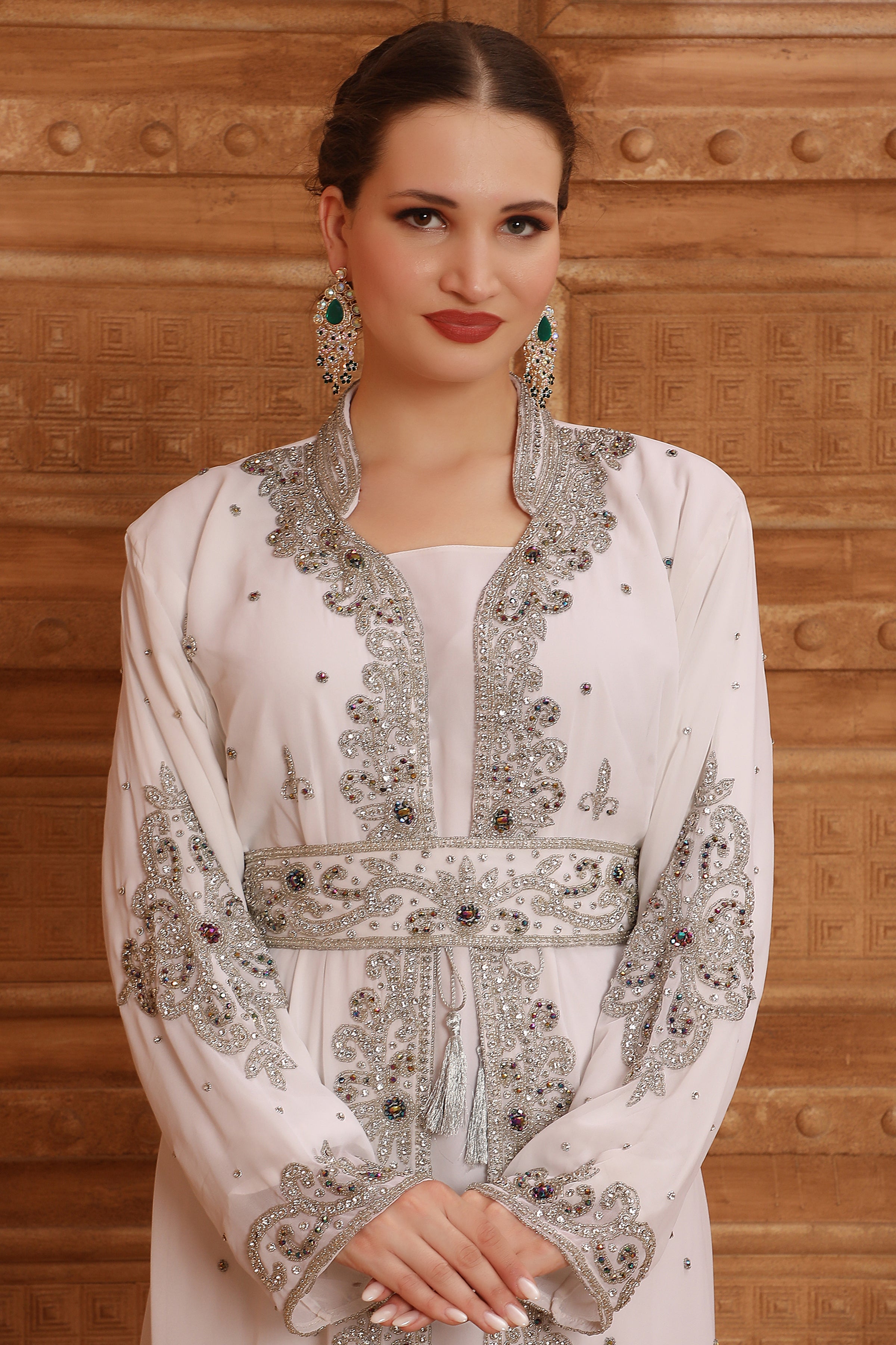 Close of Leena White Moroccan Caftan With Hand Embroidery