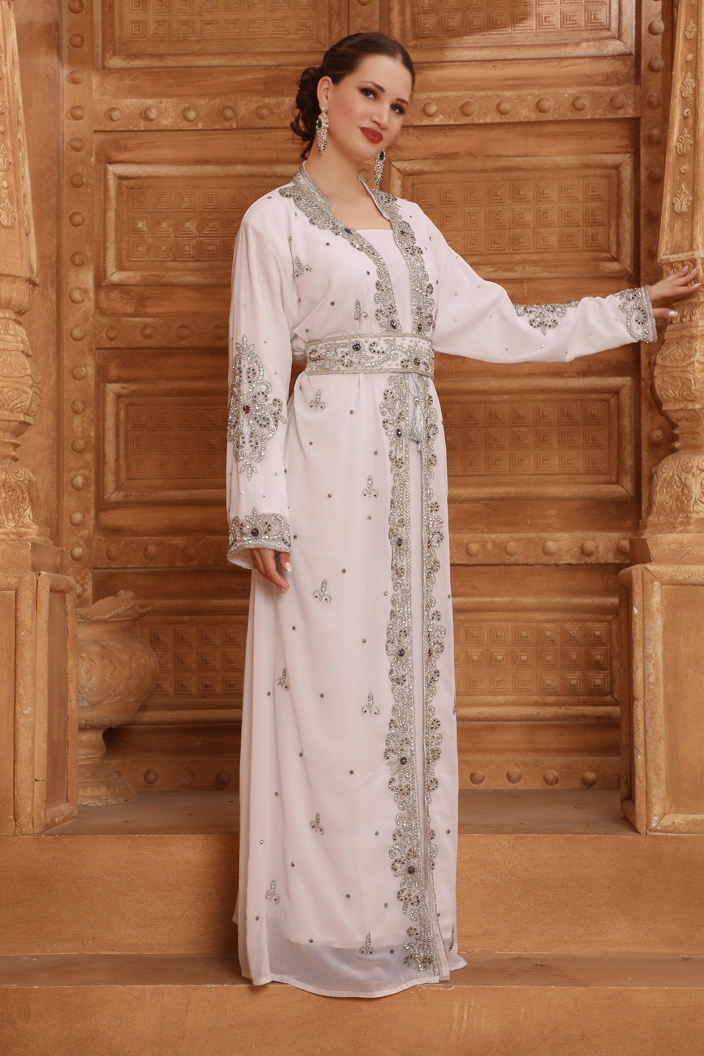 Leena White Moroccan Caftan With Hand Embroidery