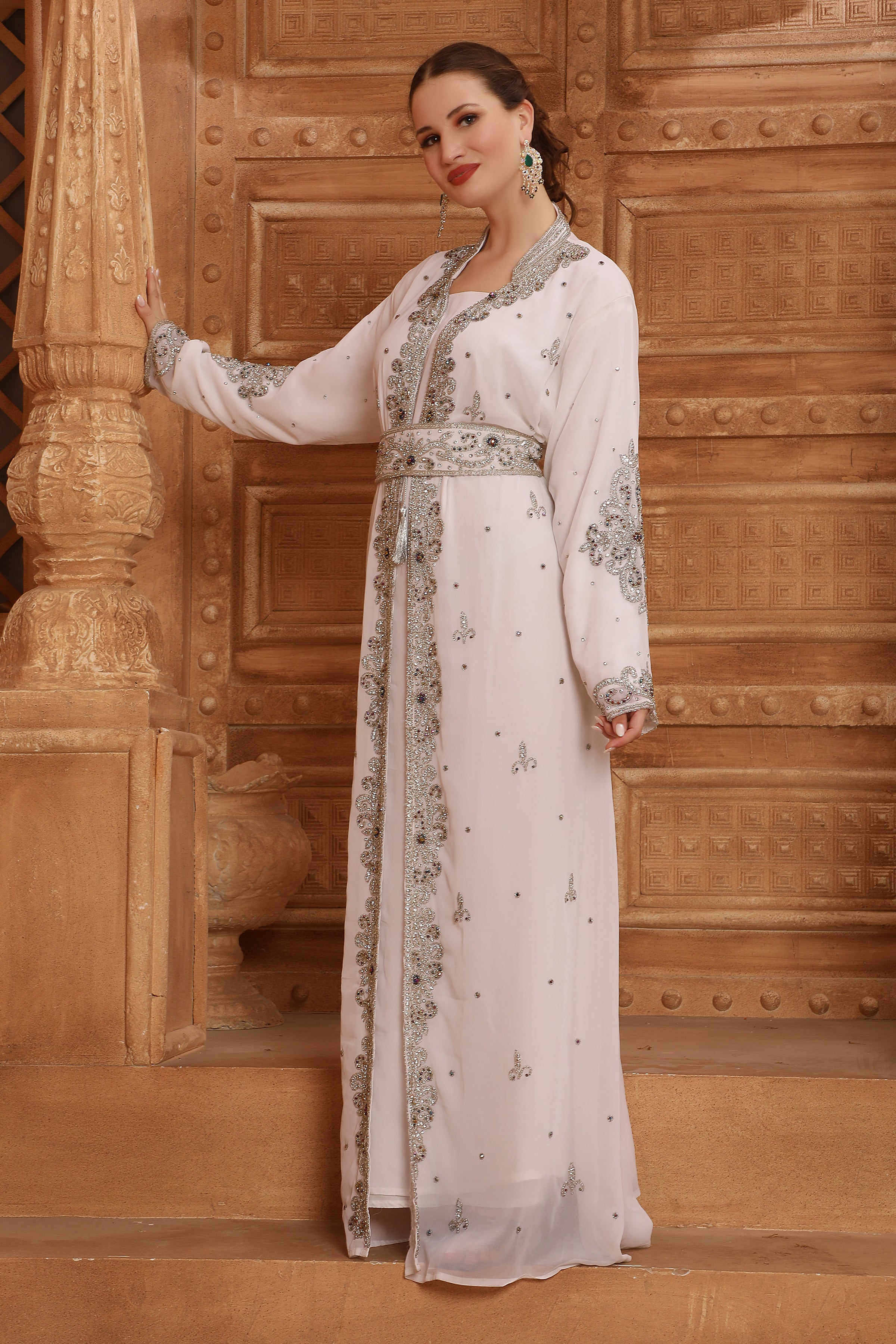 Side of Leena White Moroccan Caftan With Hand Embroidery