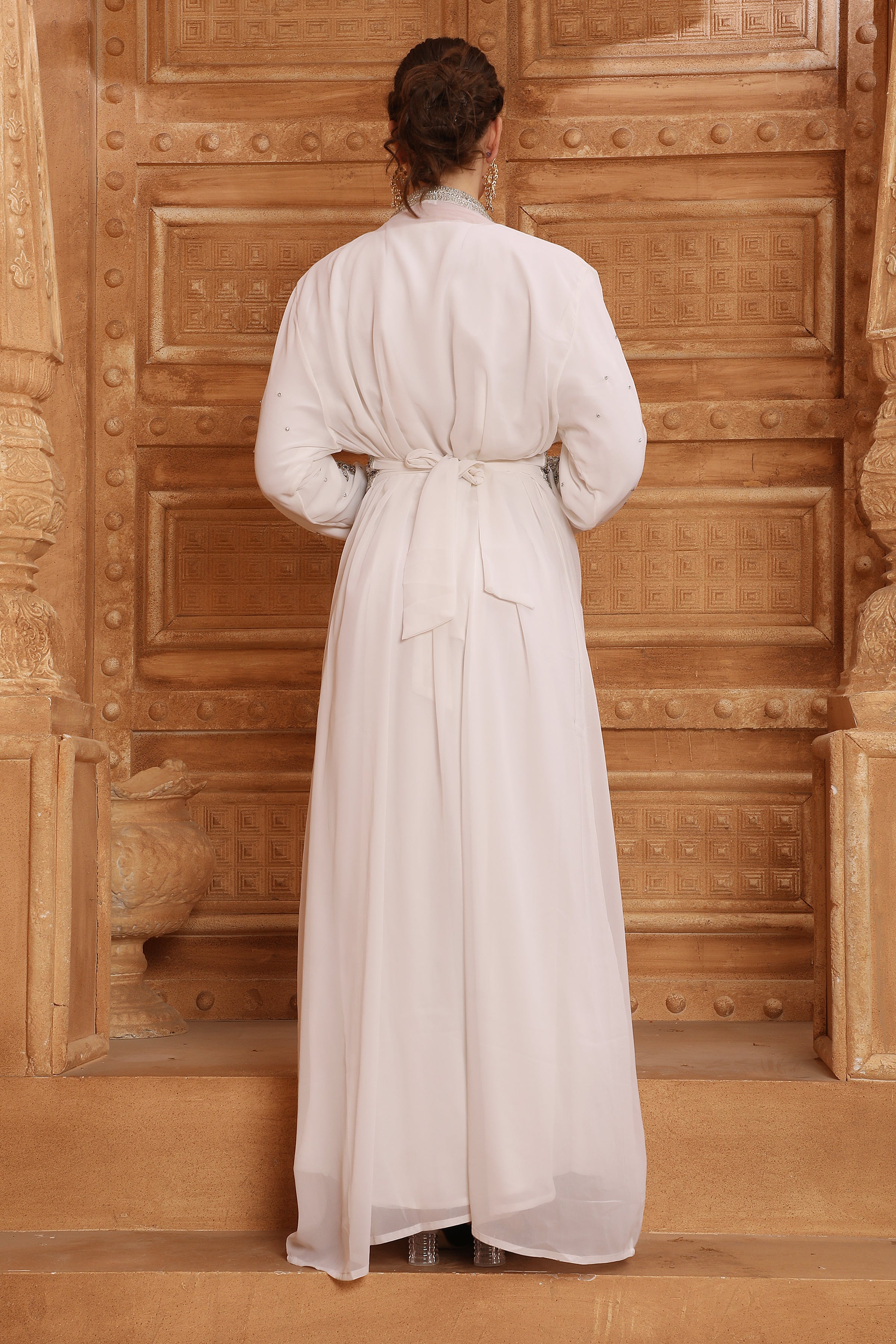 Back of Leena White Moroccan Caftan With Hand Embroidery