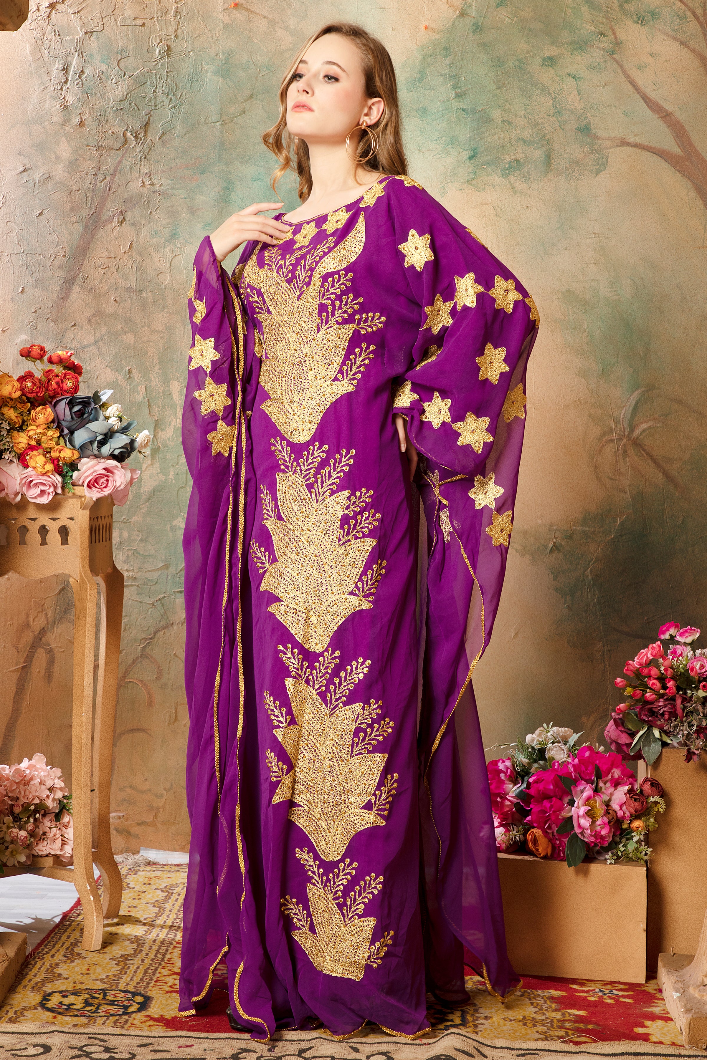Front of Lina Purple Stylish Abaya Dress With Hand Embroidery