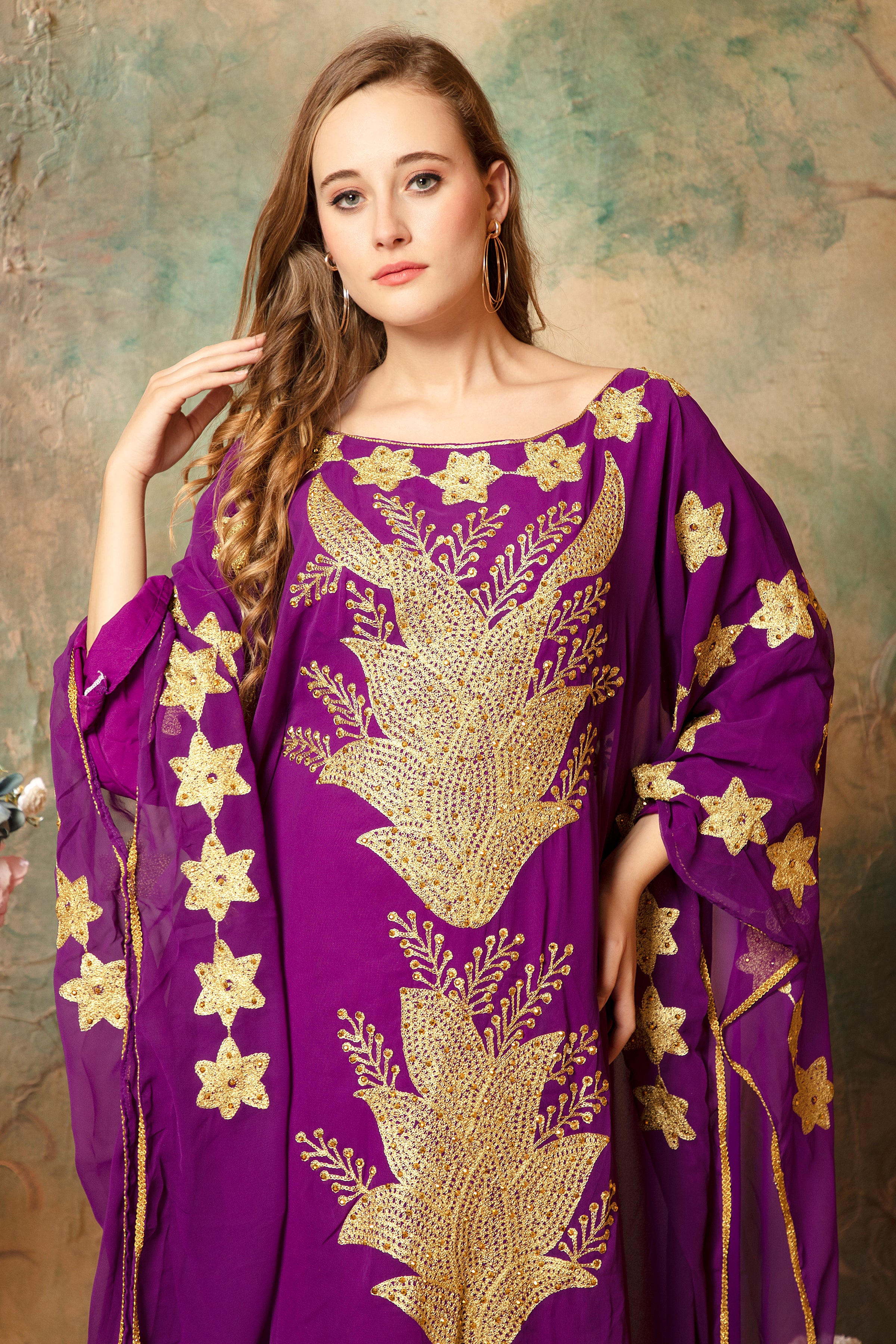 Closeup of Lina Purple Stylish Abaya Dress With Hand Embroidery