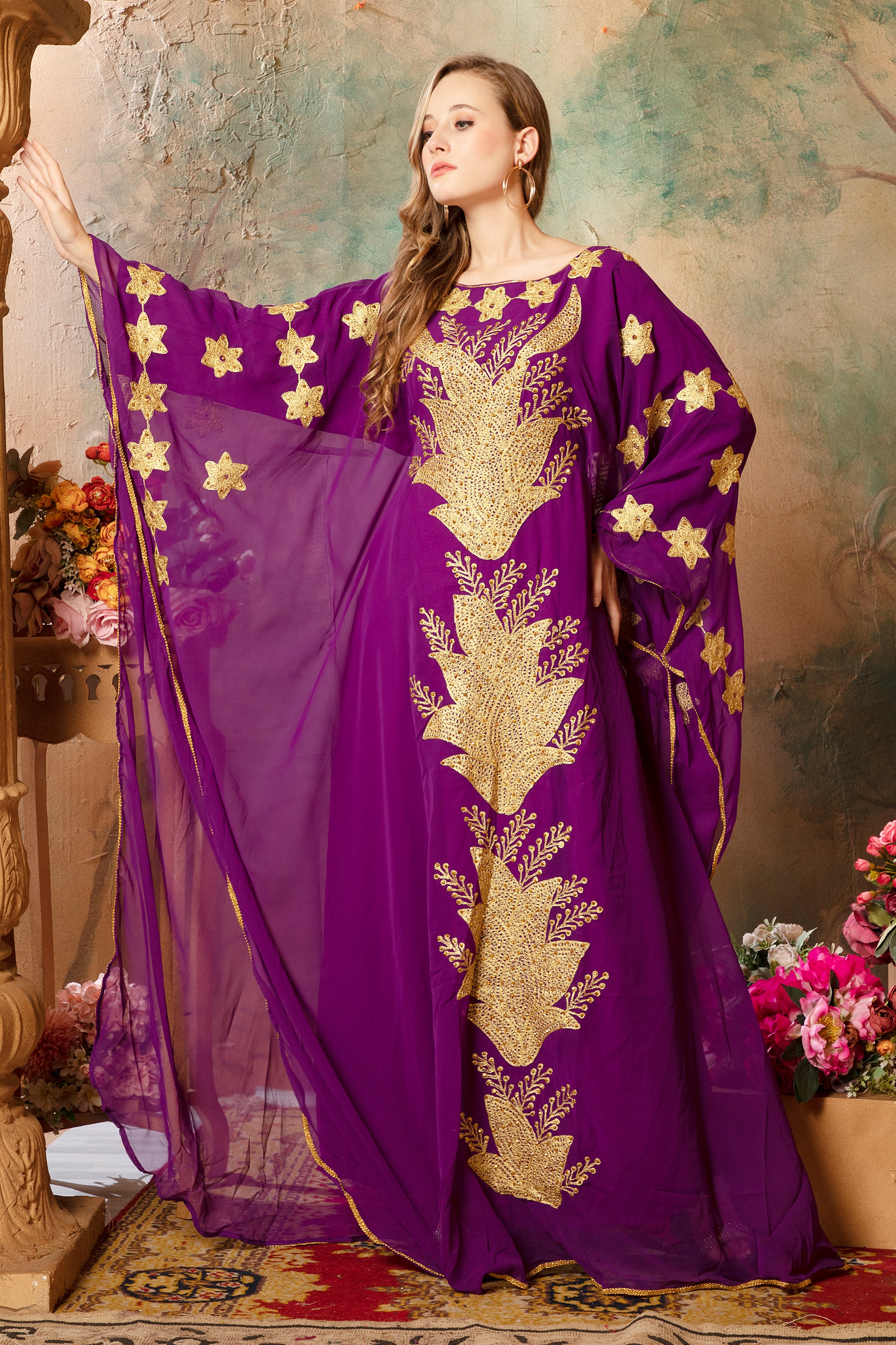 Lina Purple Stylish Abaya Dress With Hand Embroidery