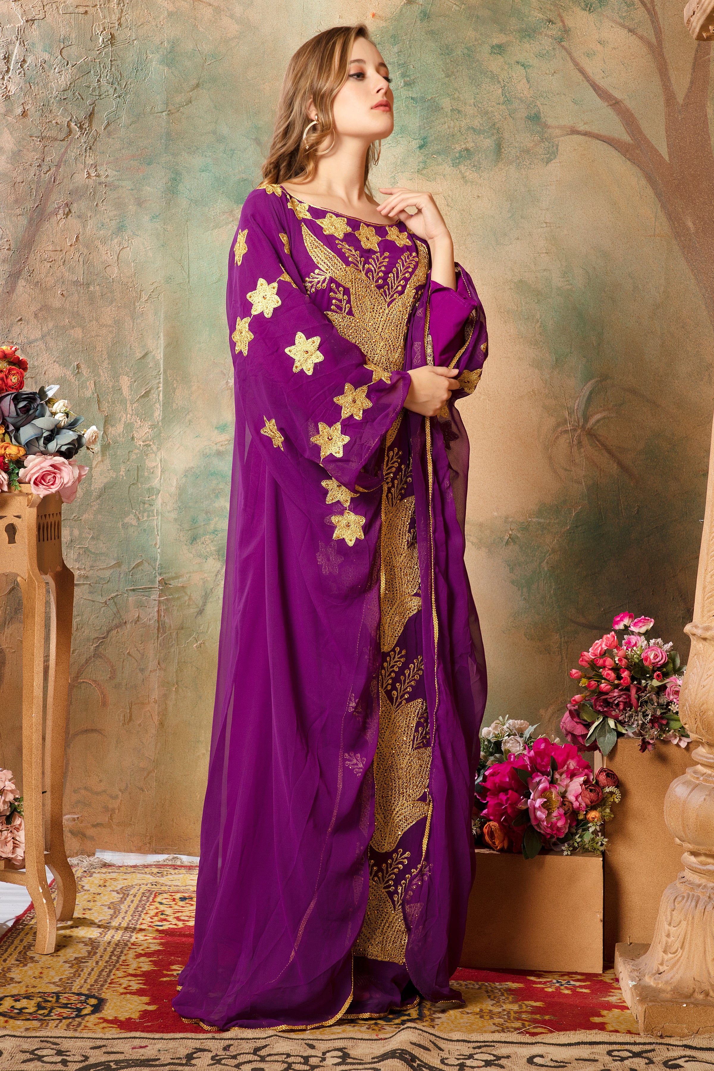 Side of Lina Purple Stylish Abaya Dress With Hand Embroidery