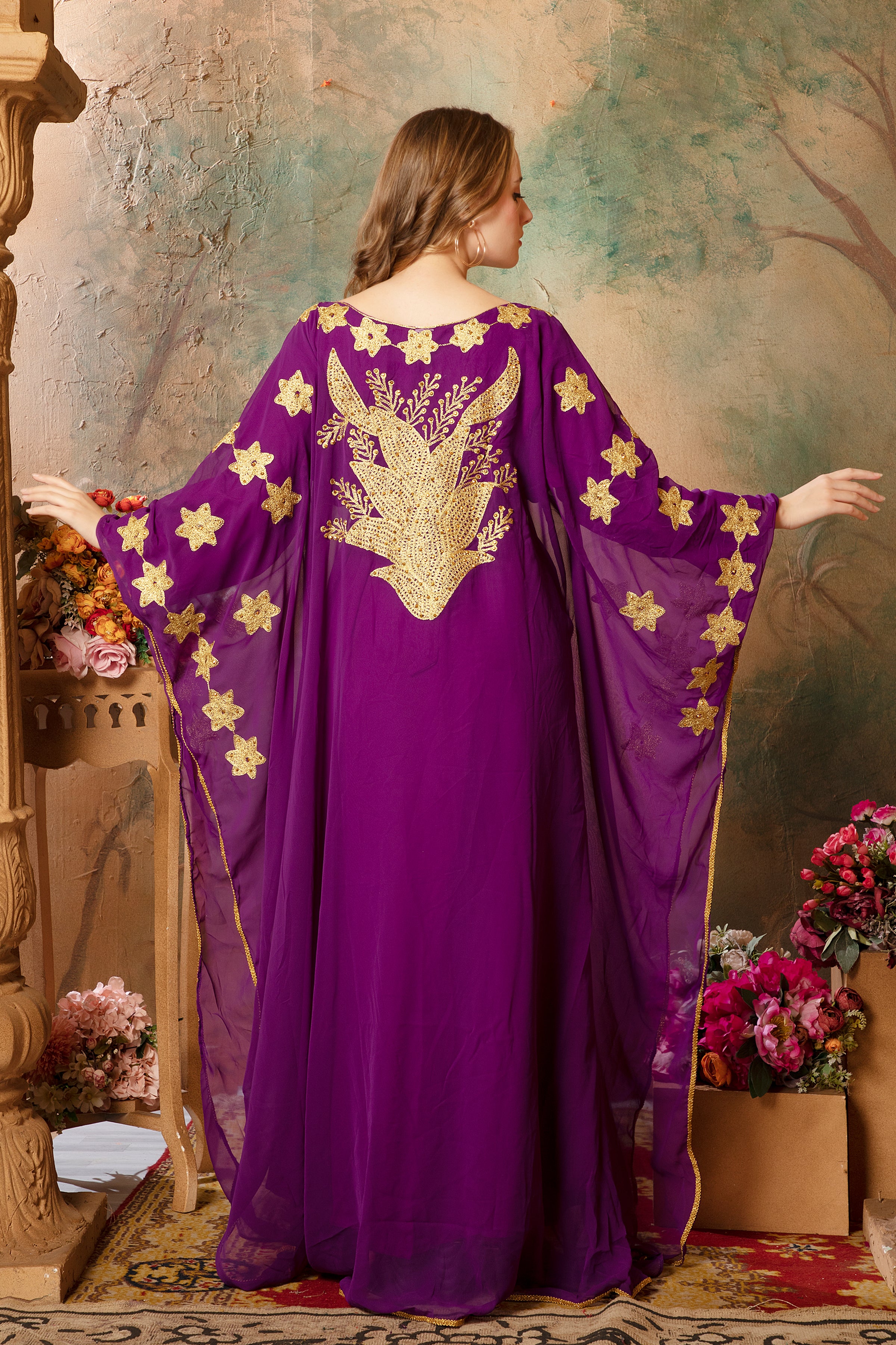 Back of Lina Purple Stylish Abaya Dress With Hand Embroidery
