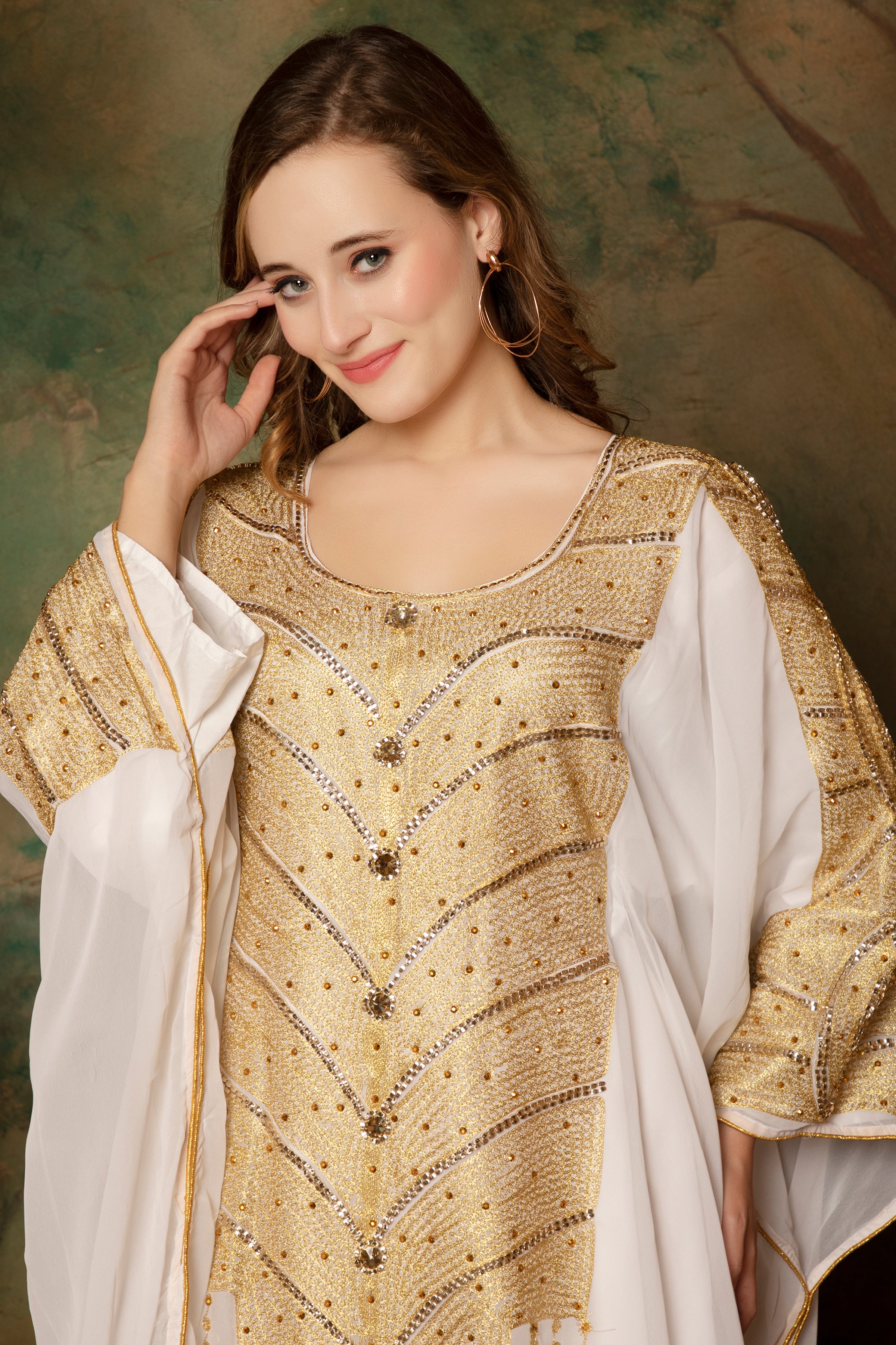 Closeup of Maha White Stylish Abaya Dress With Hand Embroidery