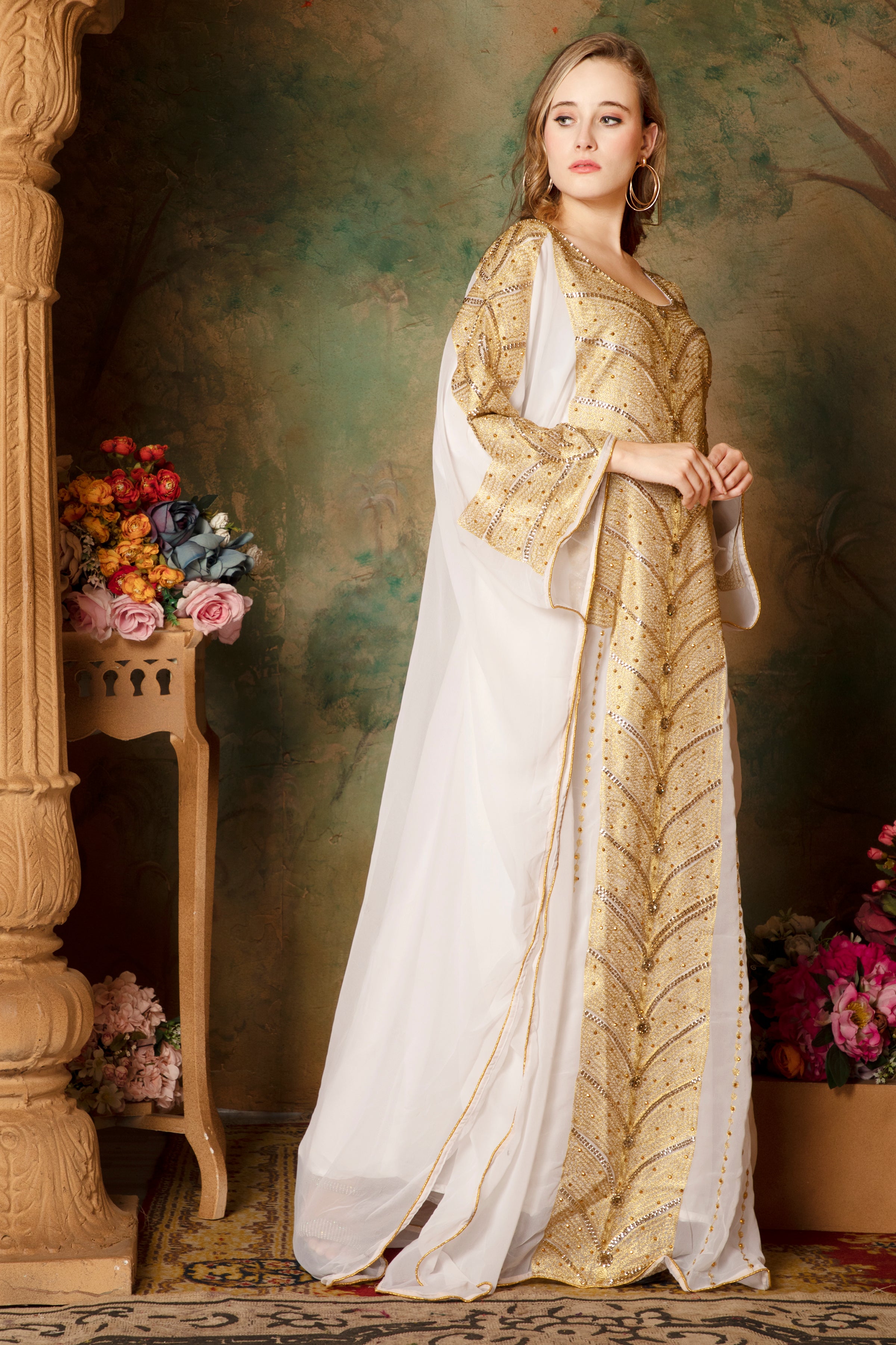 Side of Maha White Stylish Abaya Dress With Hand Embroidery