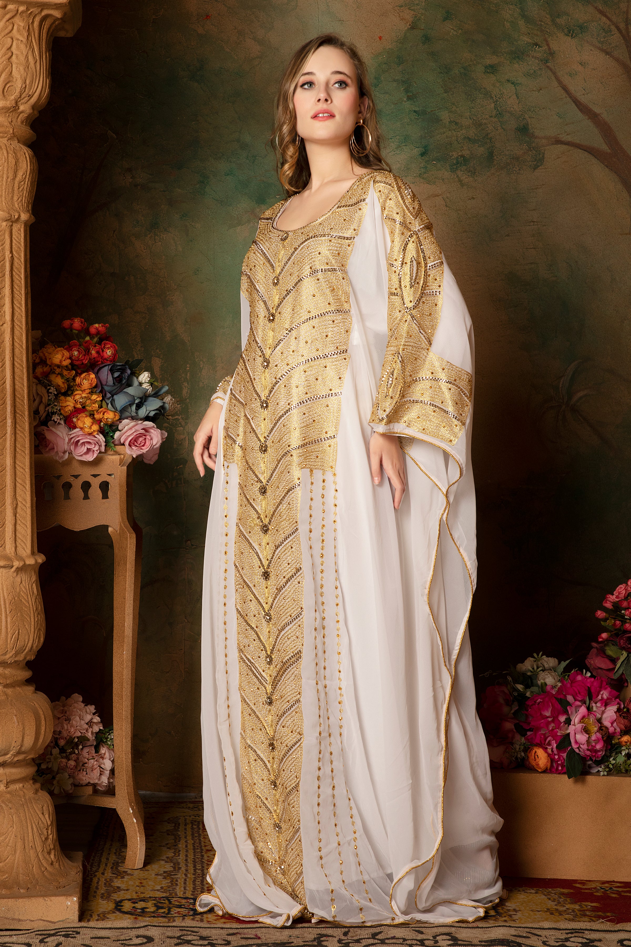 Maha White Stylish Abaya Dress With Hand Embroidery