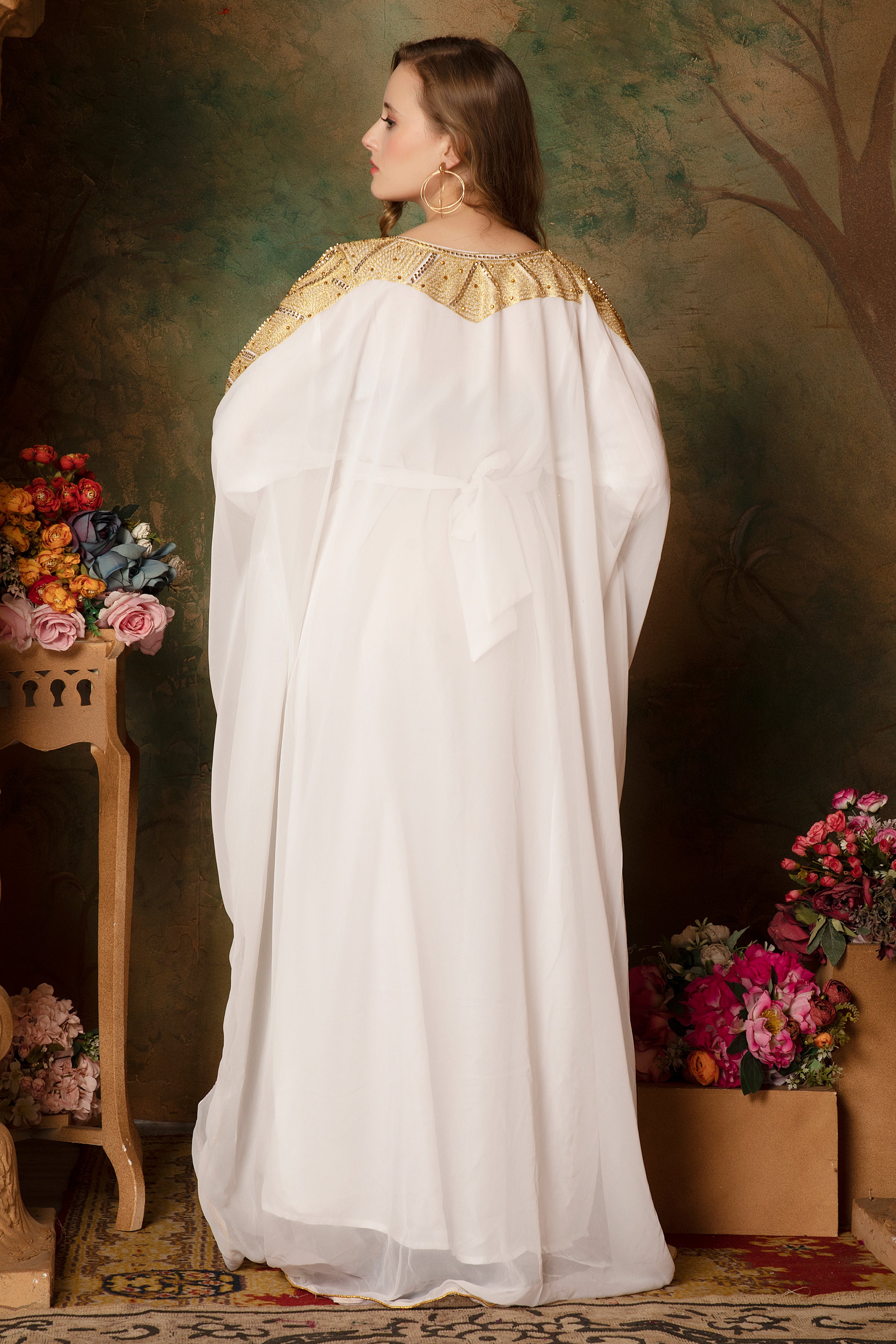 Back of Maha White Stylish Abaya Dress With Hand Embroidery