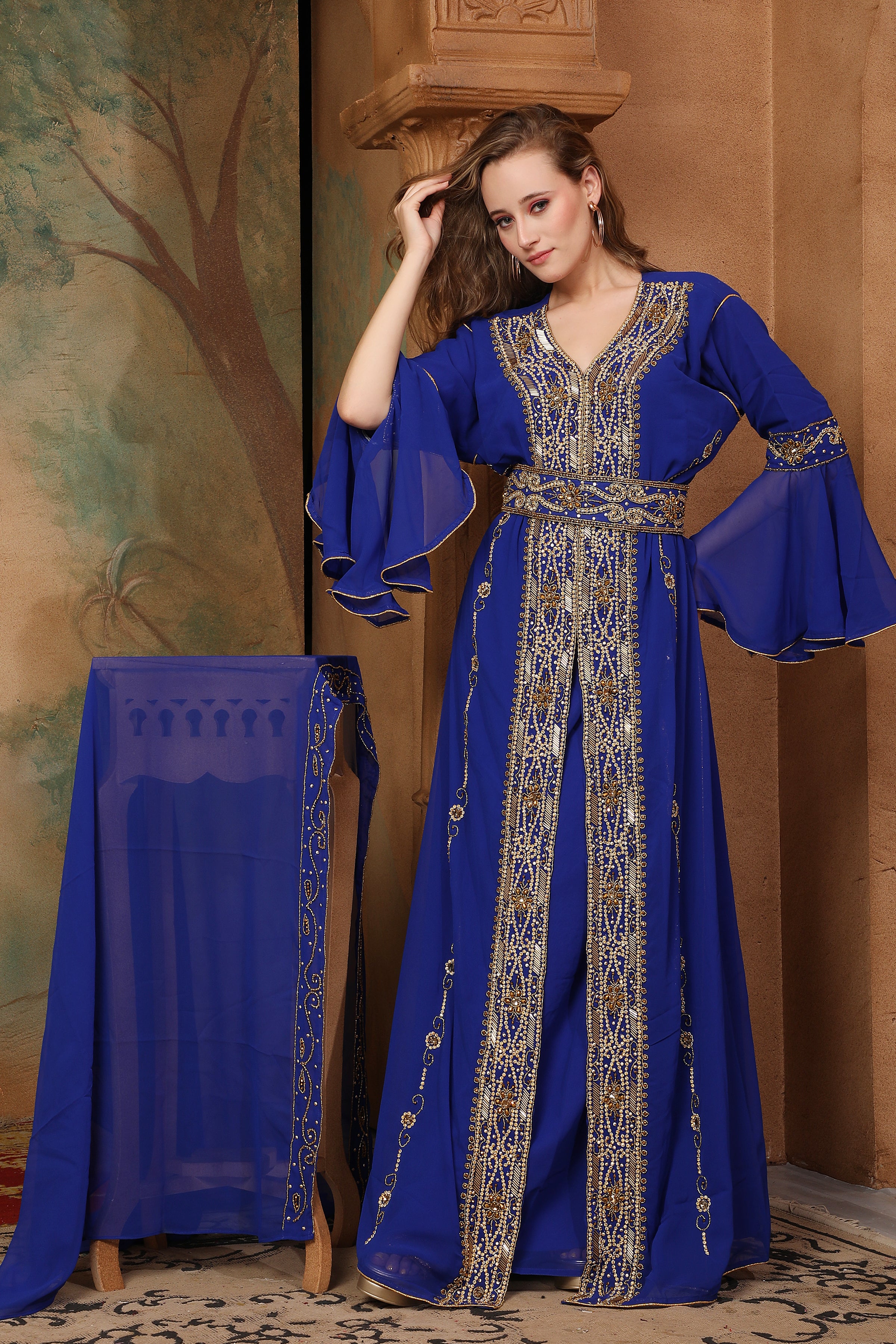 Front of Malika Navy Blue Moroccan Caftan With Hand Embroidery
