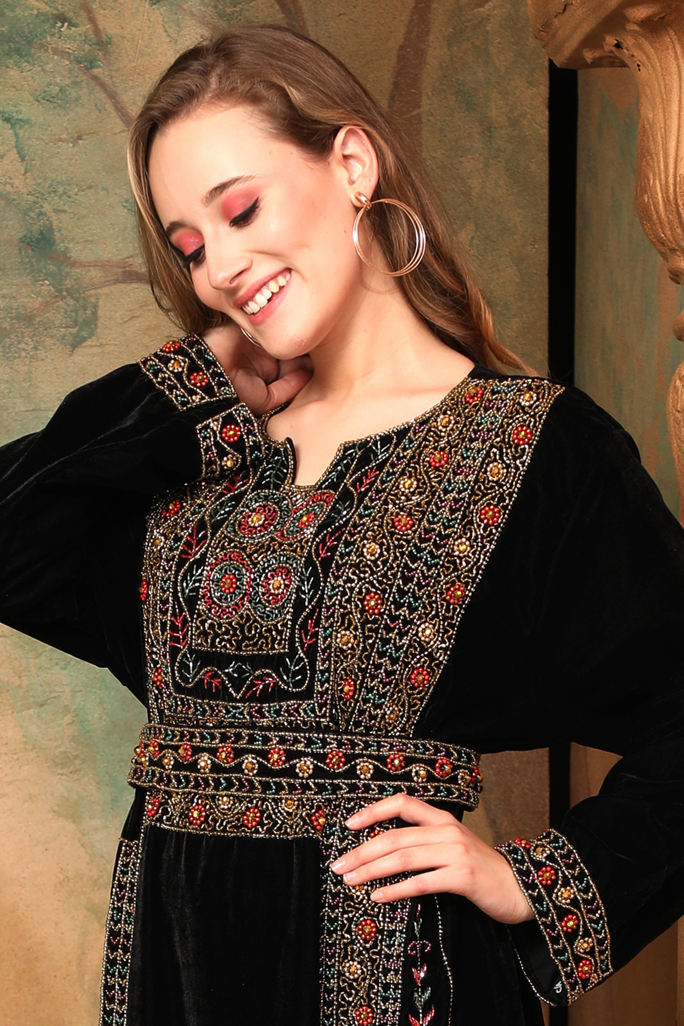 Closeup of Mariam Black Velvet Embroidered Gown