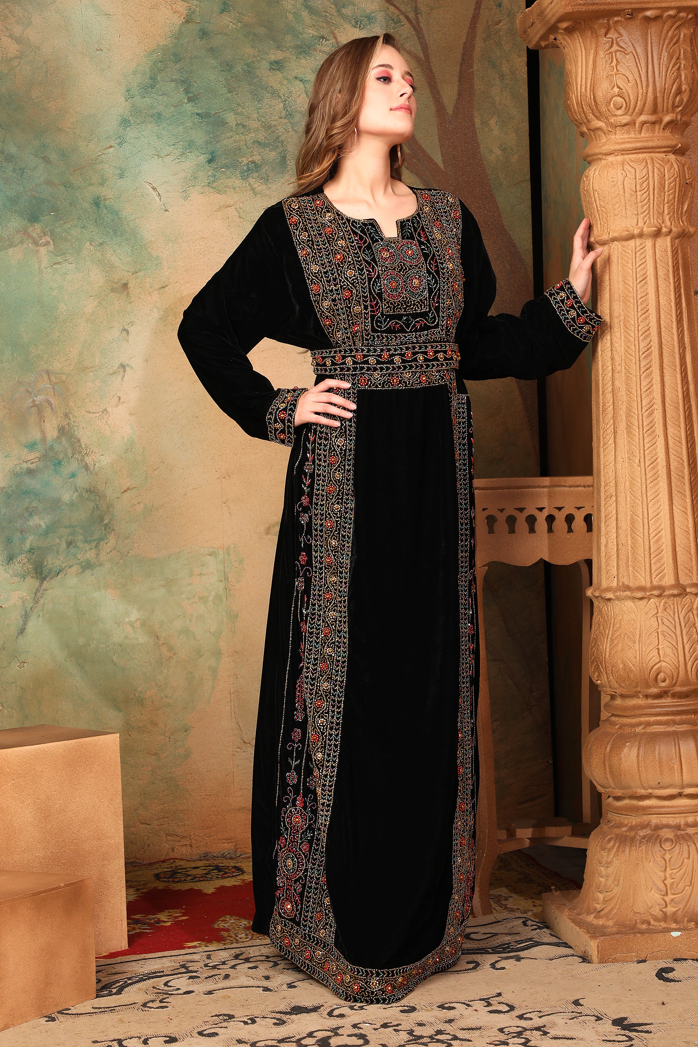 Side of Mariam Black Velvet Embroidered Gown