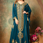 Front of Mehar Blue Stylish Abaya Kaftan Dress With Hand Embroidery