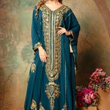 Front of Mehar Blue Stylish Abaya Kaftan Dress With Hand Embroidery