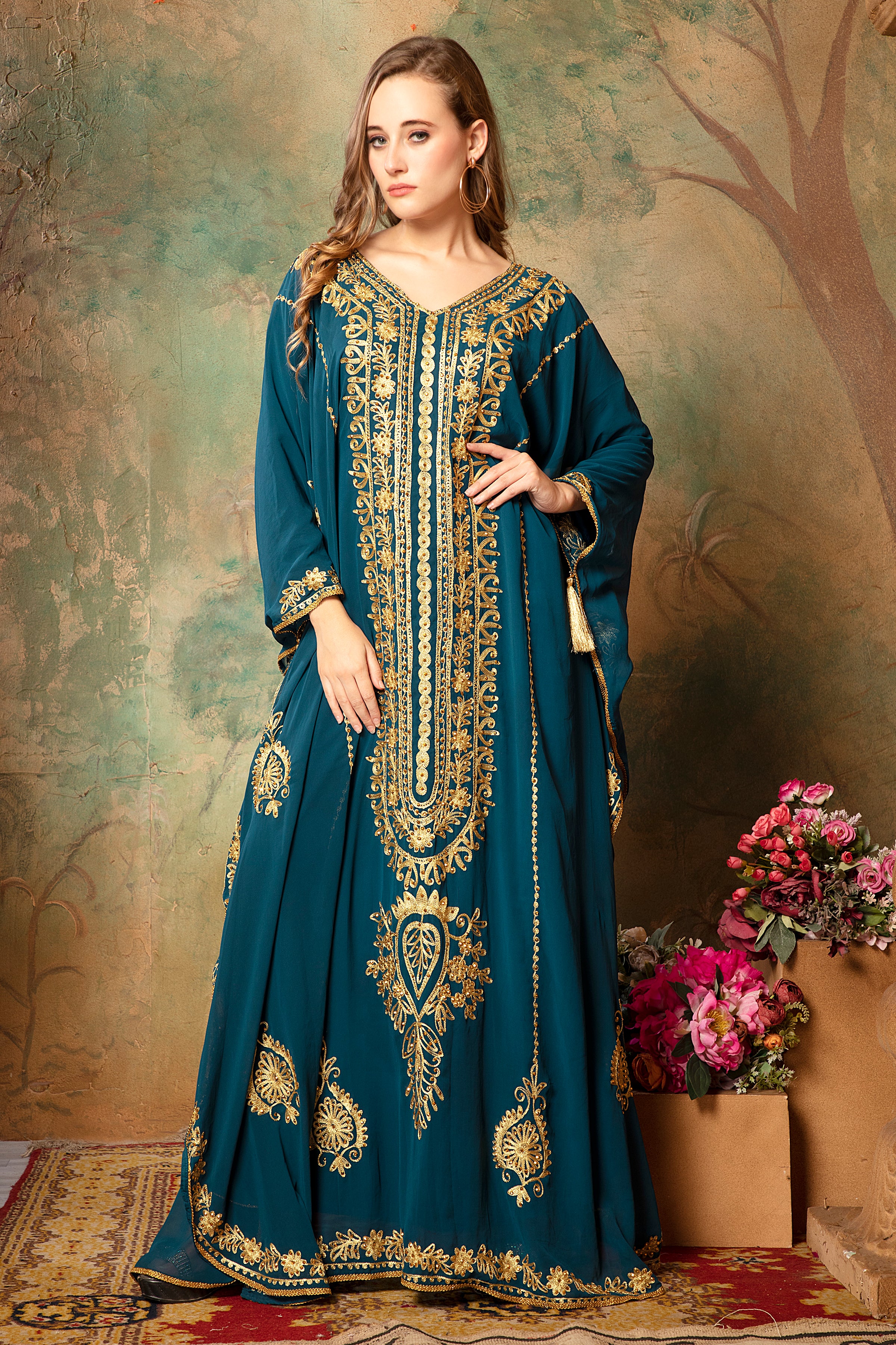 Front of Mehar Blue Stylish Abaya Kaftan Dress With Hand Embroidery