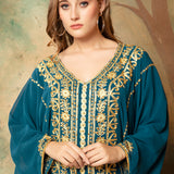 Closeup of Mehar Blue Stylish Abaya Kaftan Dress With Hand Embroidery