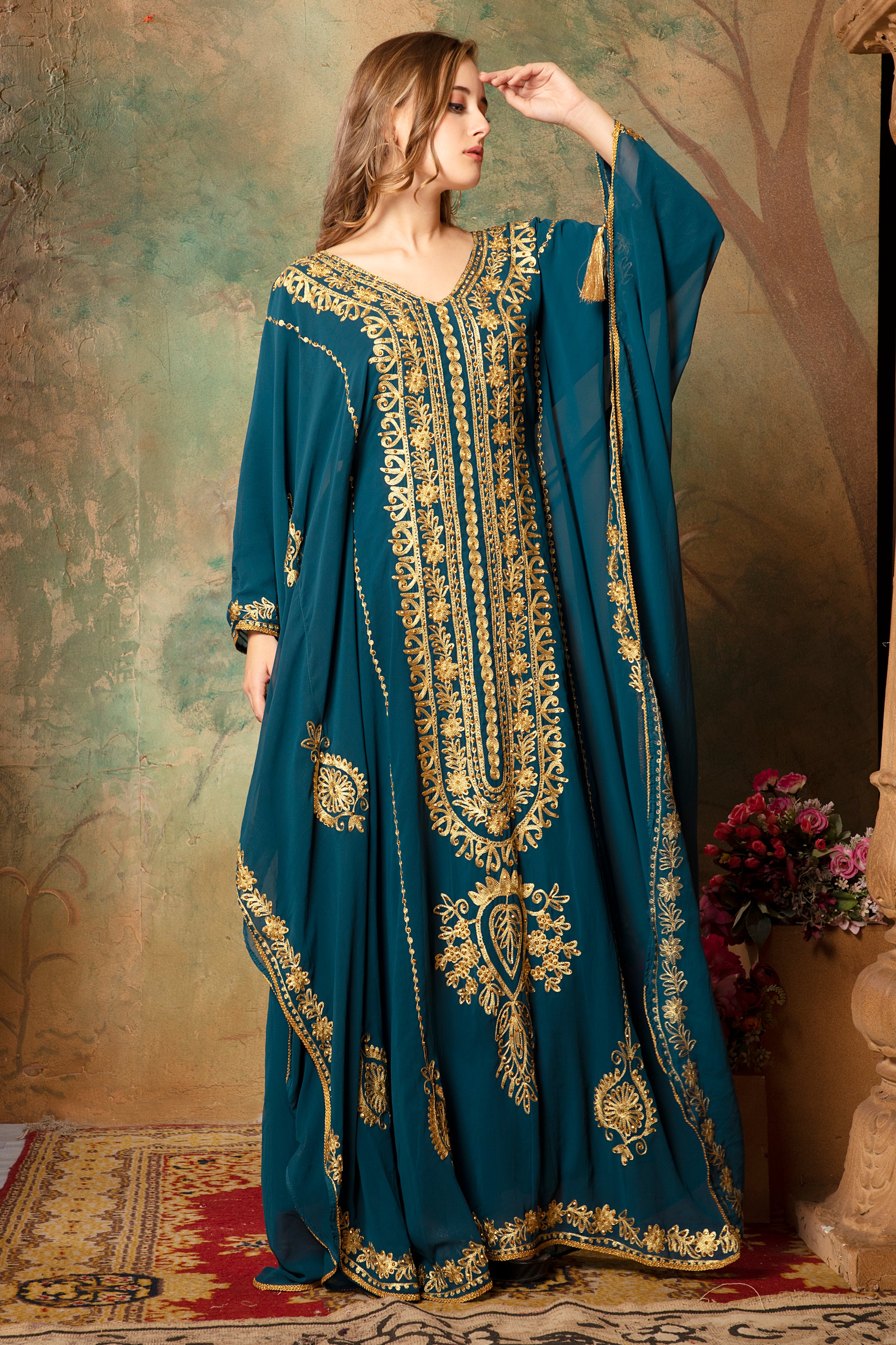 Mehar Blue Stylish Abaya Kaftan Dress With Hand Embroidery