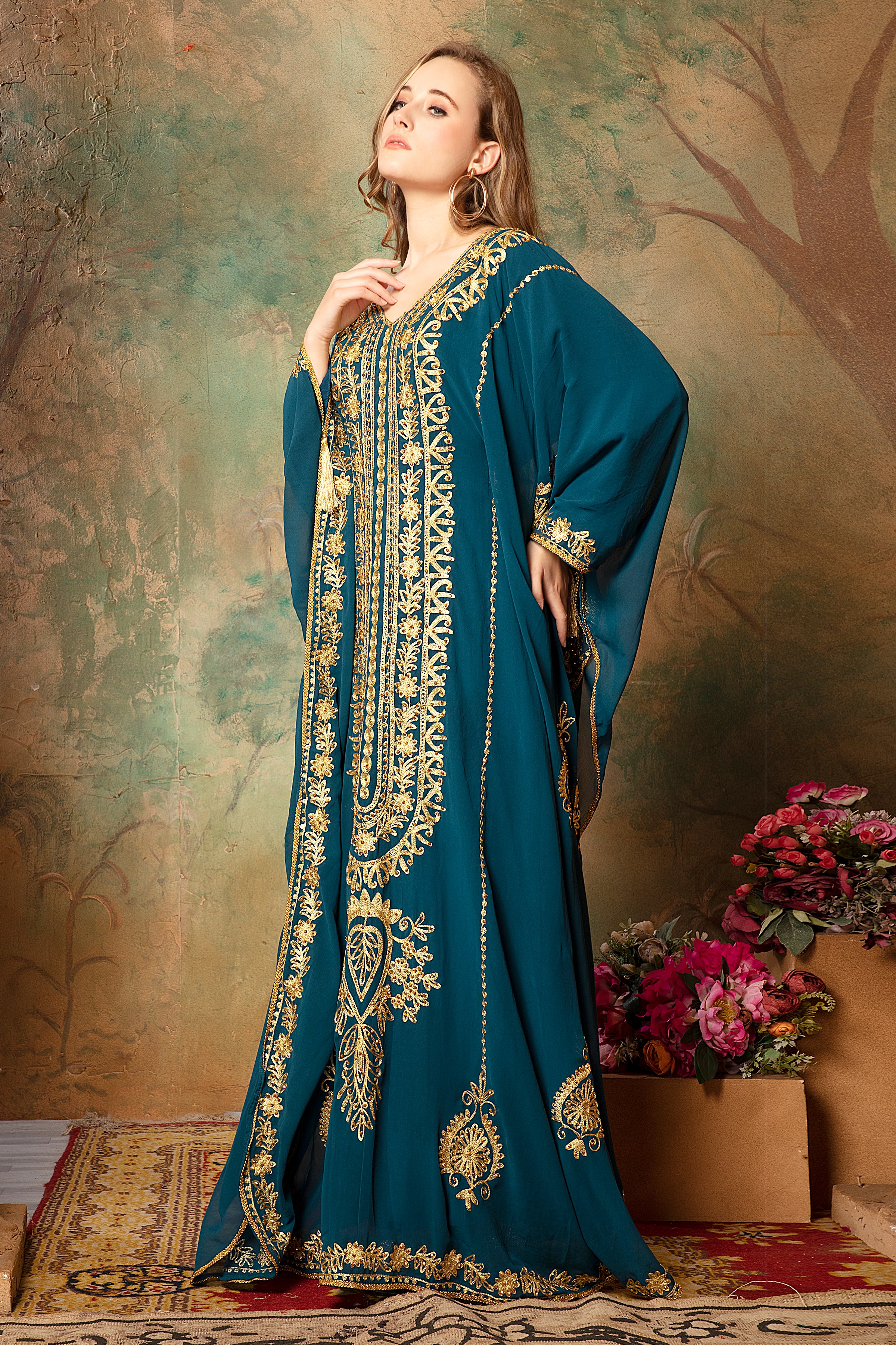 Side of Mehar Blue Stylish Abaya Kaftan Dress With Hand Embroidery