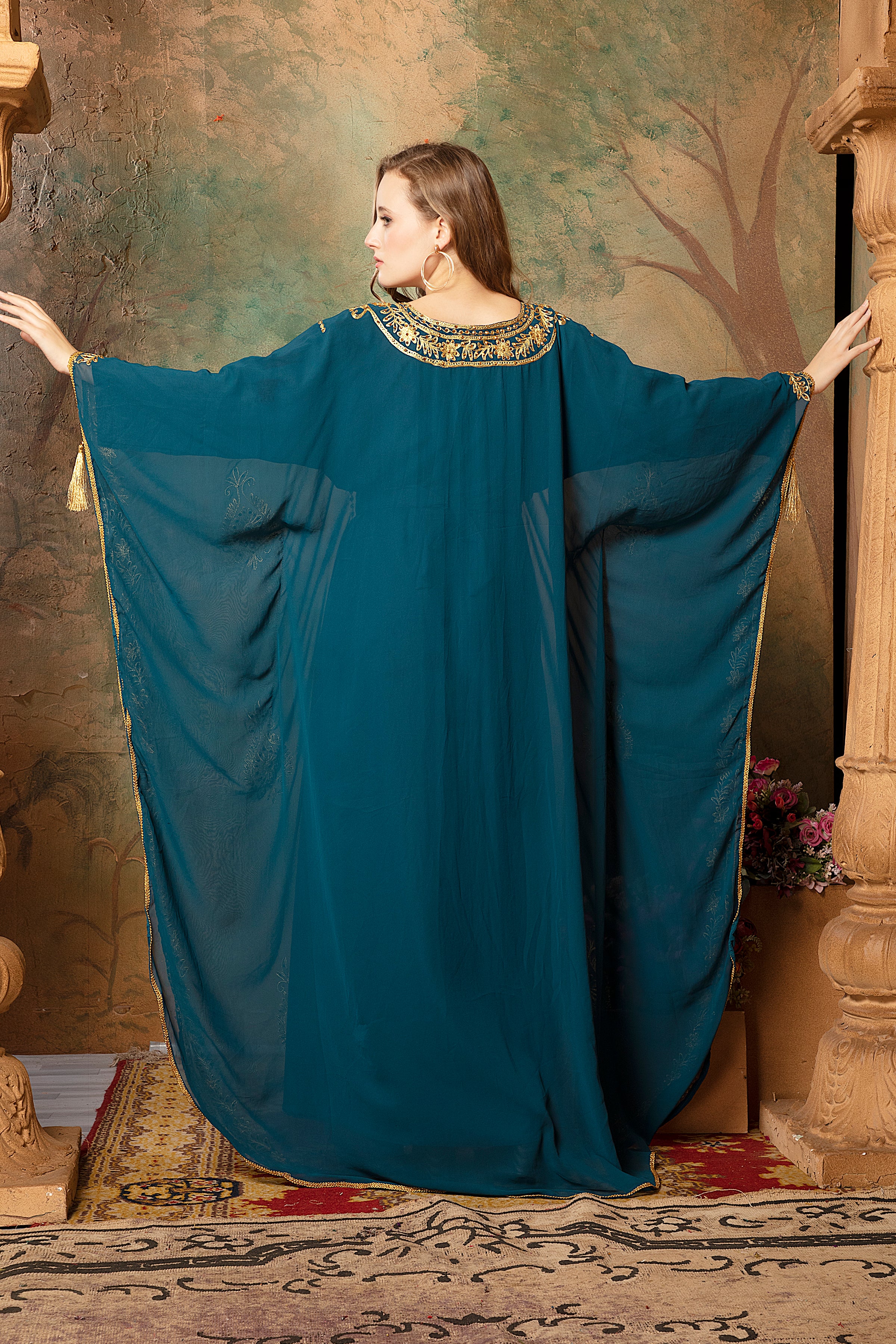 Back of Mehar Blue Stylish Abaya Kaftan Dress With Hand Embroidery