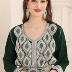 Closeup of Mina Green Moroccan Caftan with Silver Embroidery Work