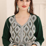 Closeup of Mina Green Moroccan Caftan with Silver Embroidery Work