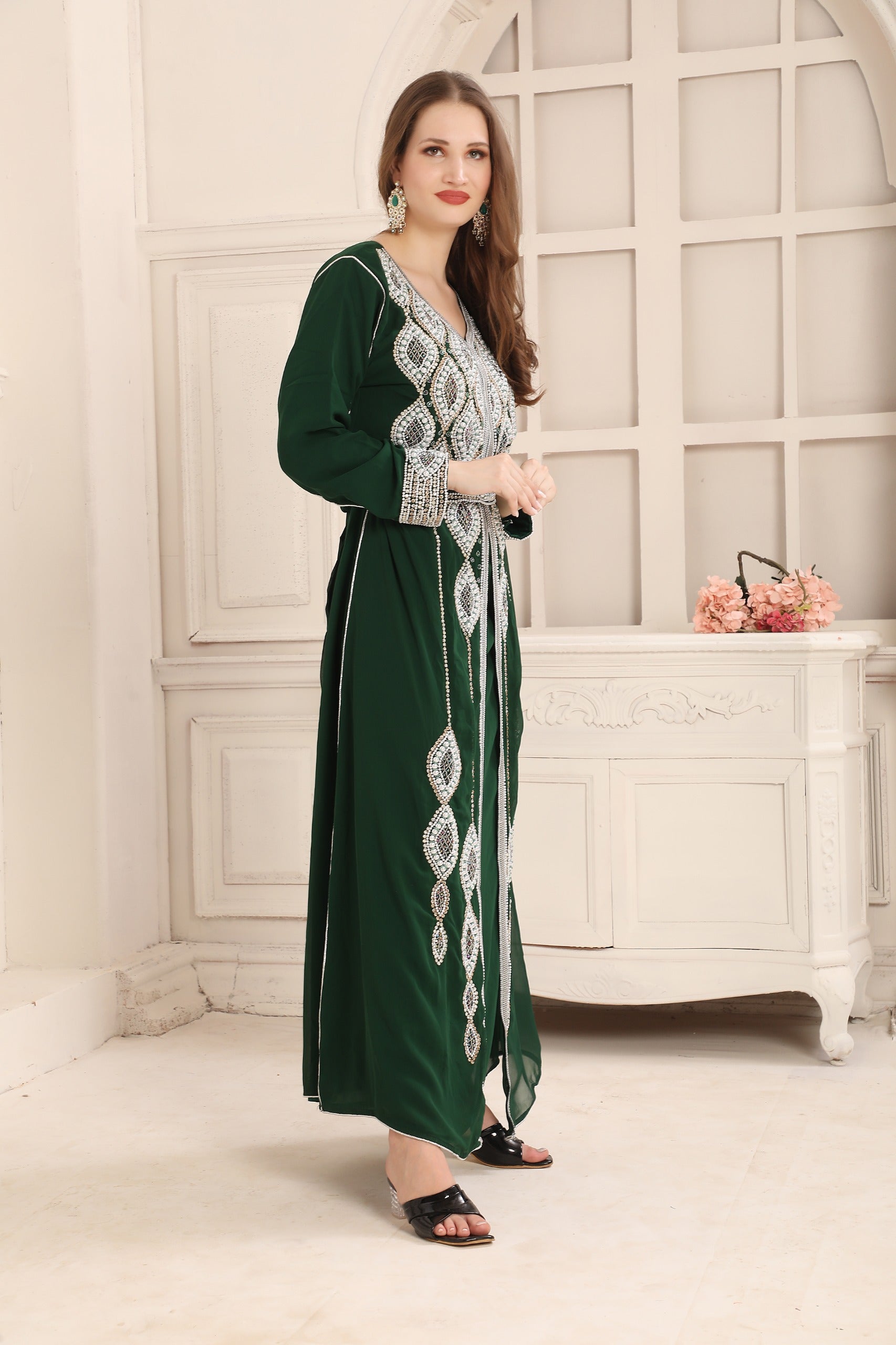 Mina Green Moroccan Caftan with Silver Embroidery Work