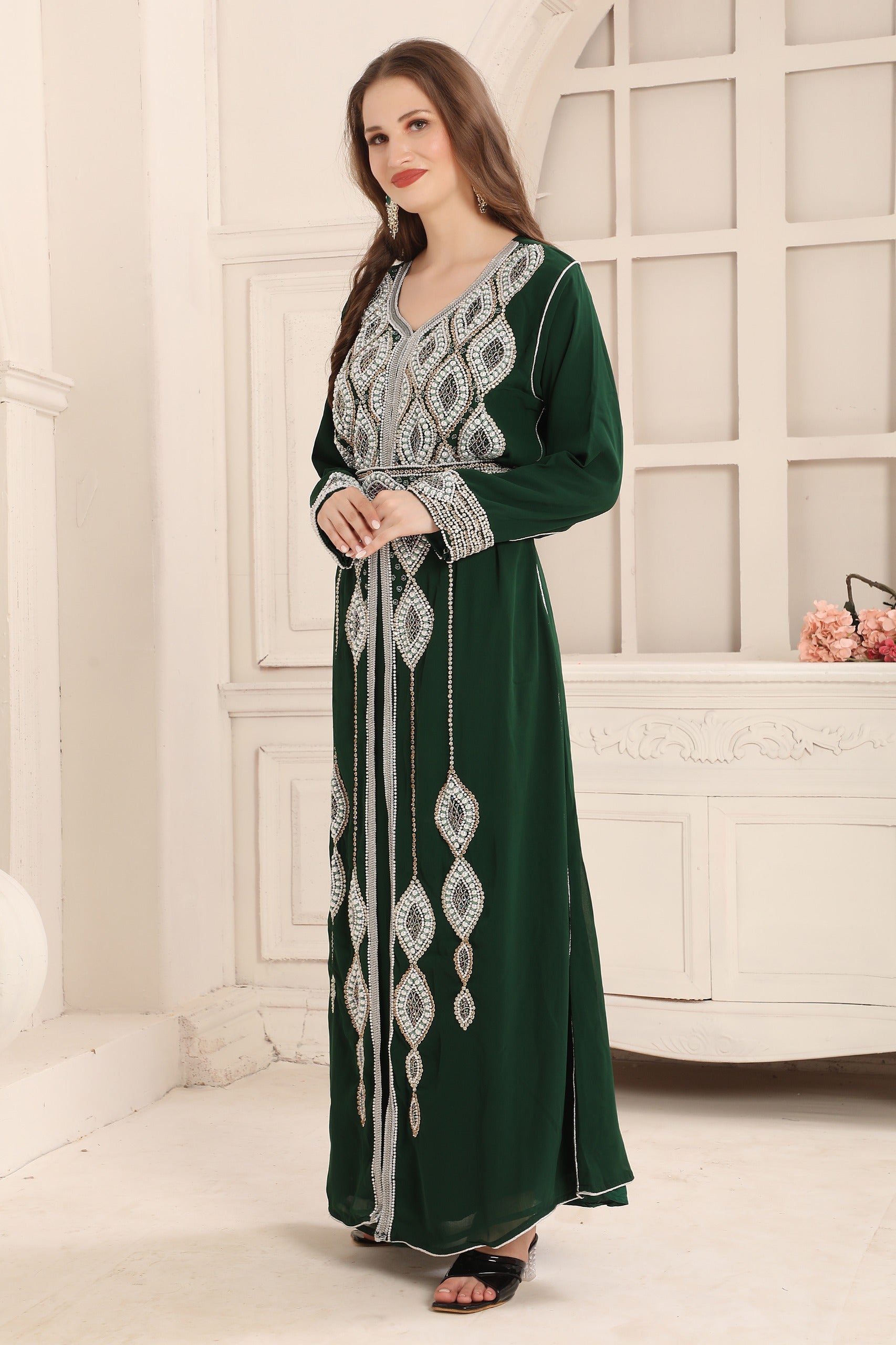 Women wearing Mina Green Moroccan Caftan with Silver Embroidery Work