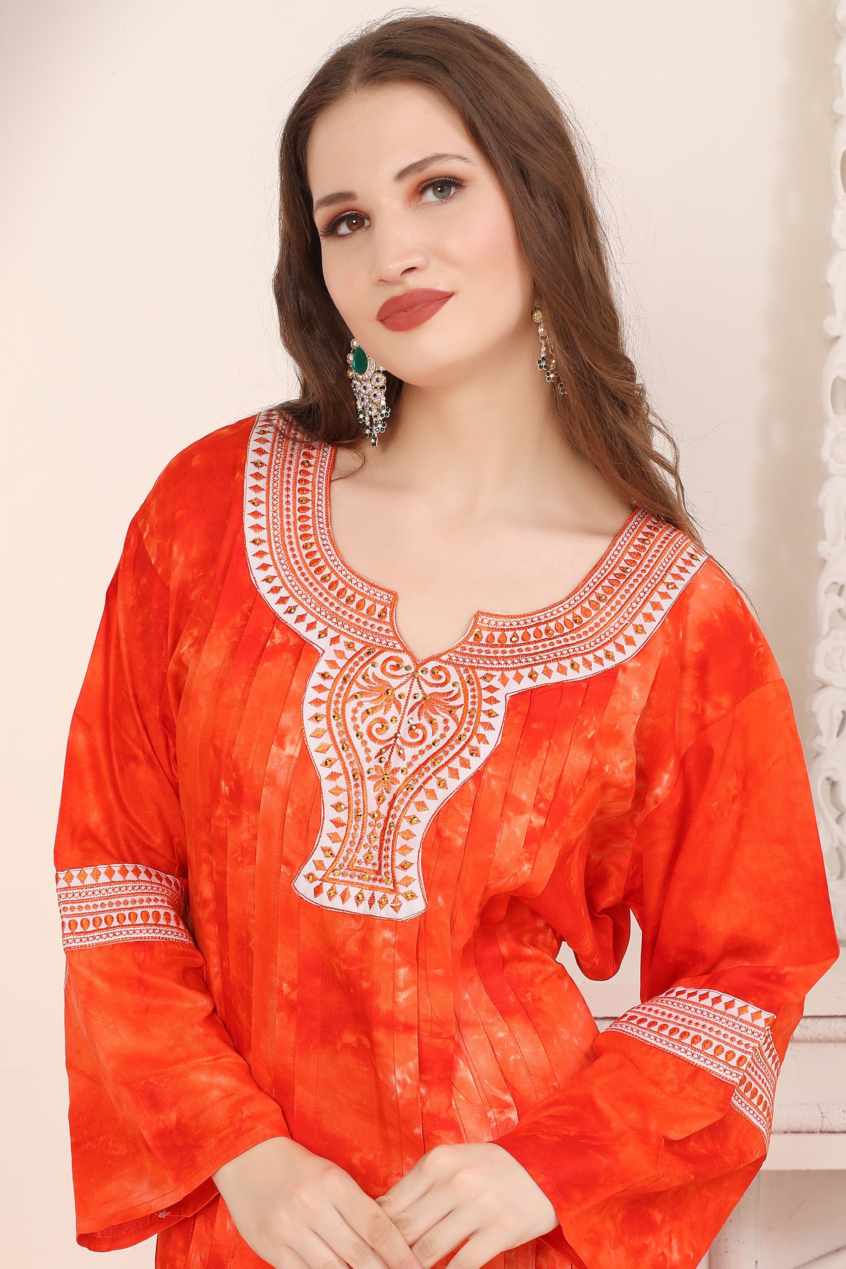 Closeup of Najma Red Rayon Cotton Kaftan with Lace Work