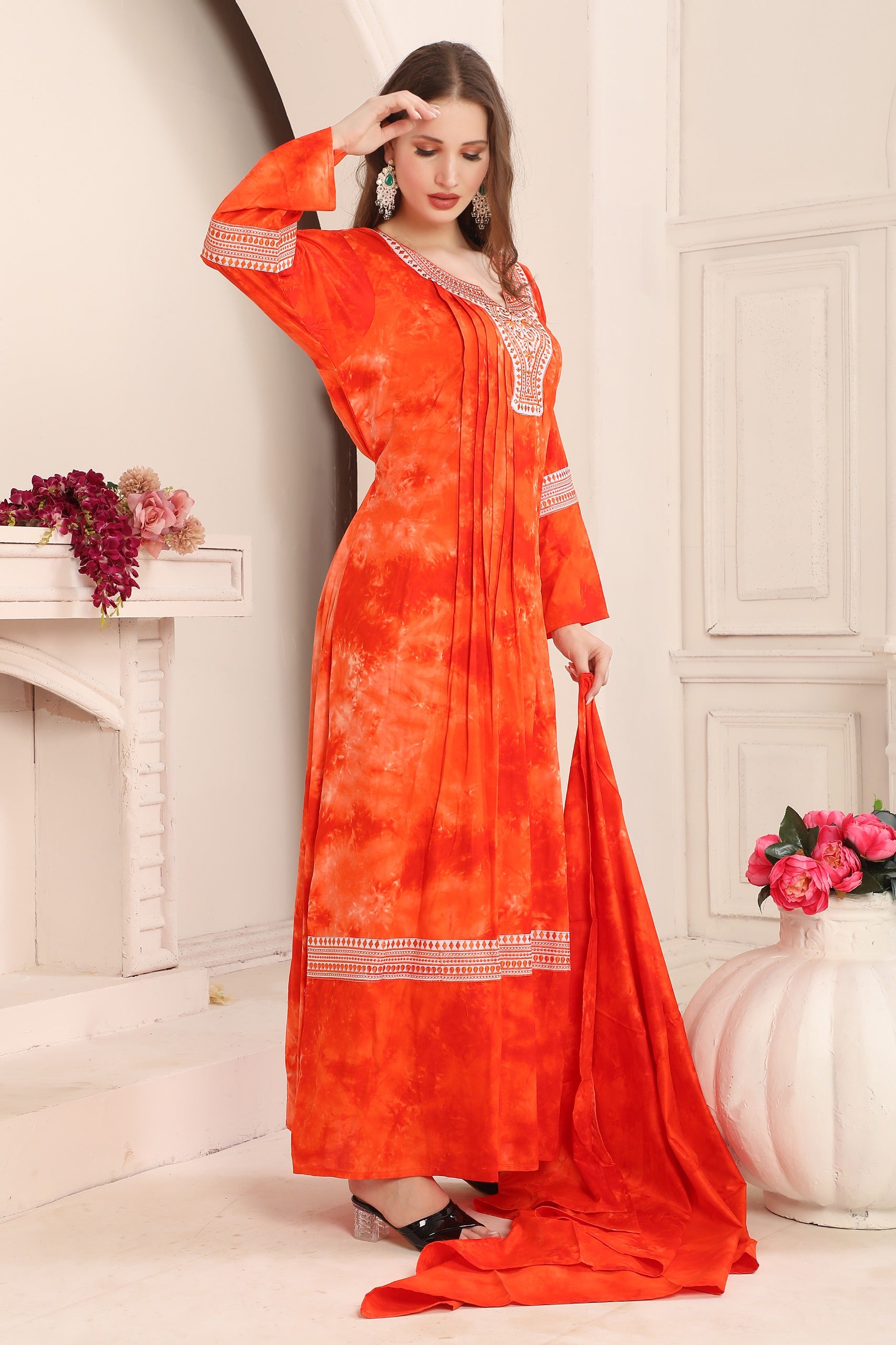 Side of Najma Red Rayon Cotton Kaftan with Lace Work 