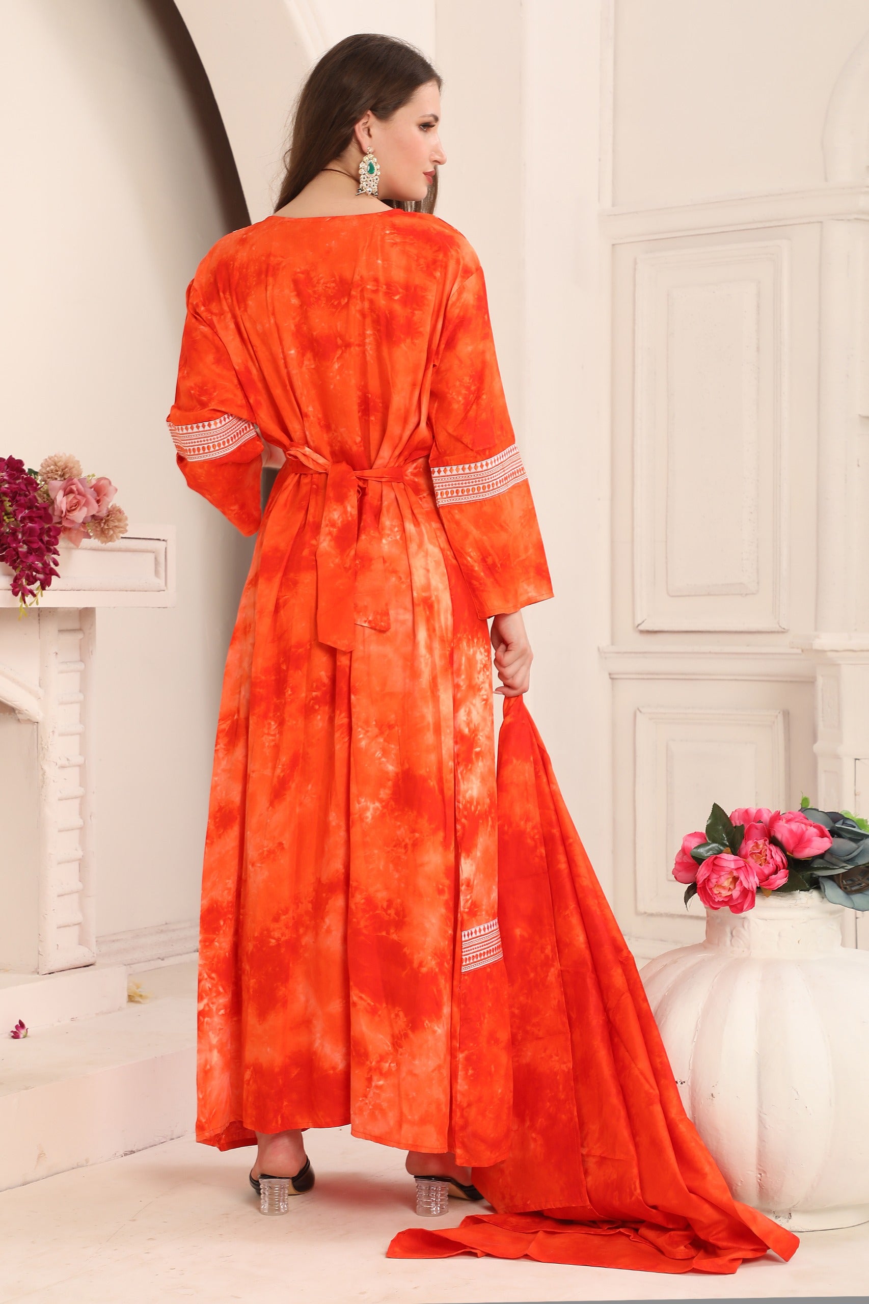 Back of Najma Red Rayon Cotton Kaftan with Lace Work