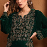 Closeup of Noor Green Velvet Embroidered Gown