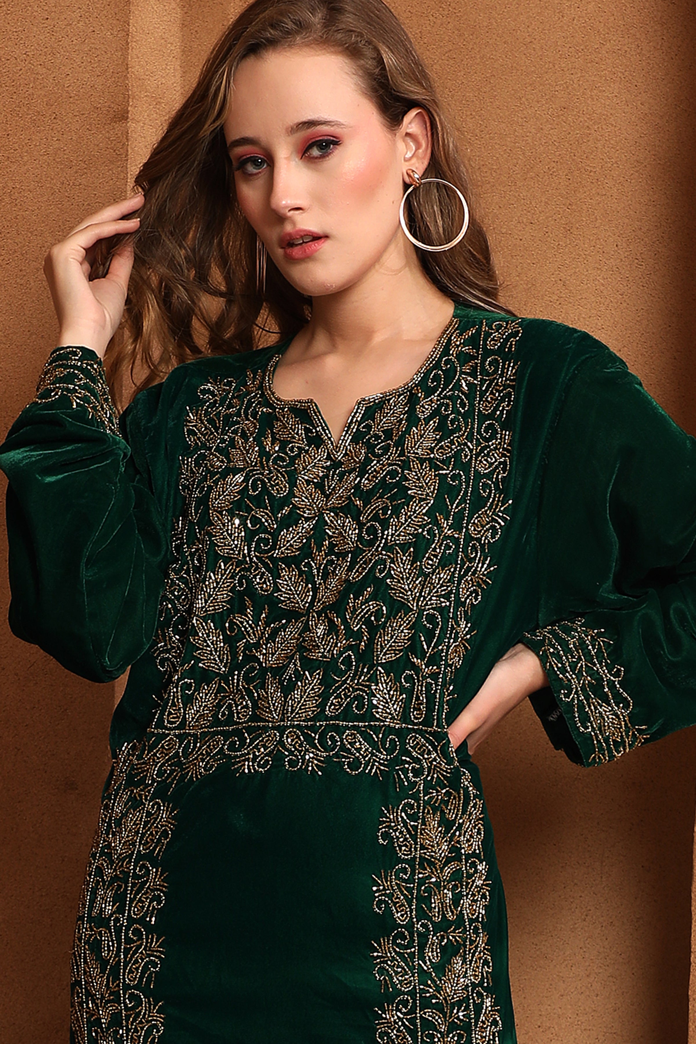 Closeup of Noor Green Velvet Embroidered Gown