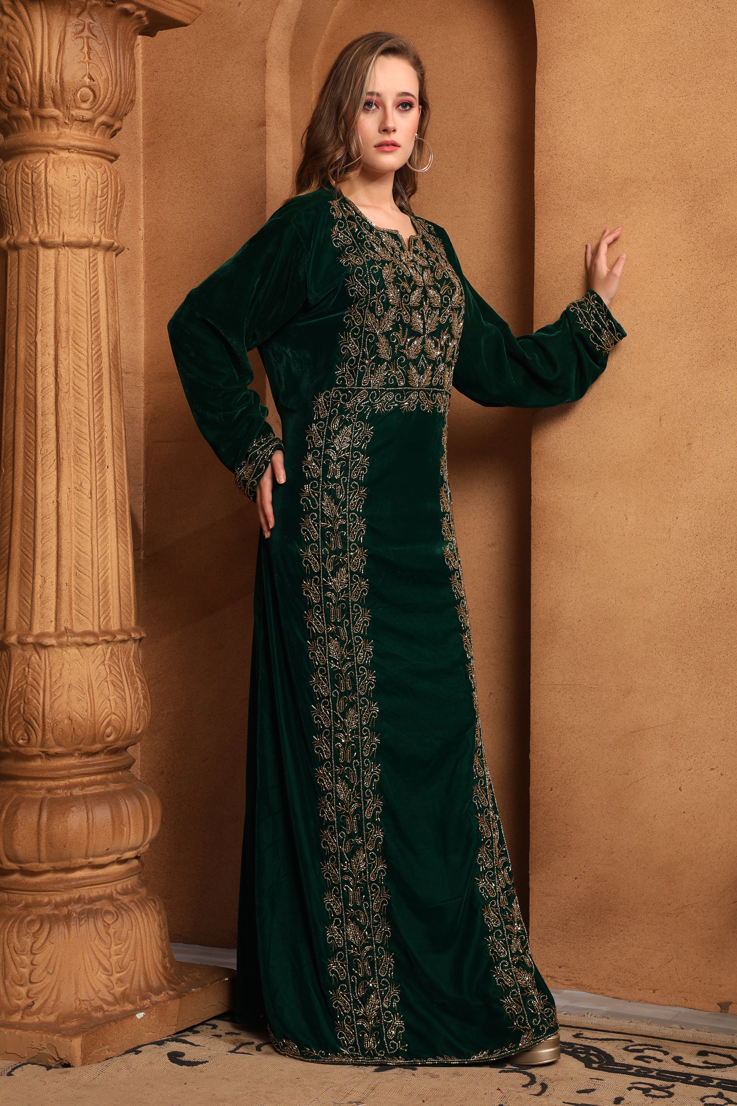 Side of Noor Green Velvet Embroidered Gown