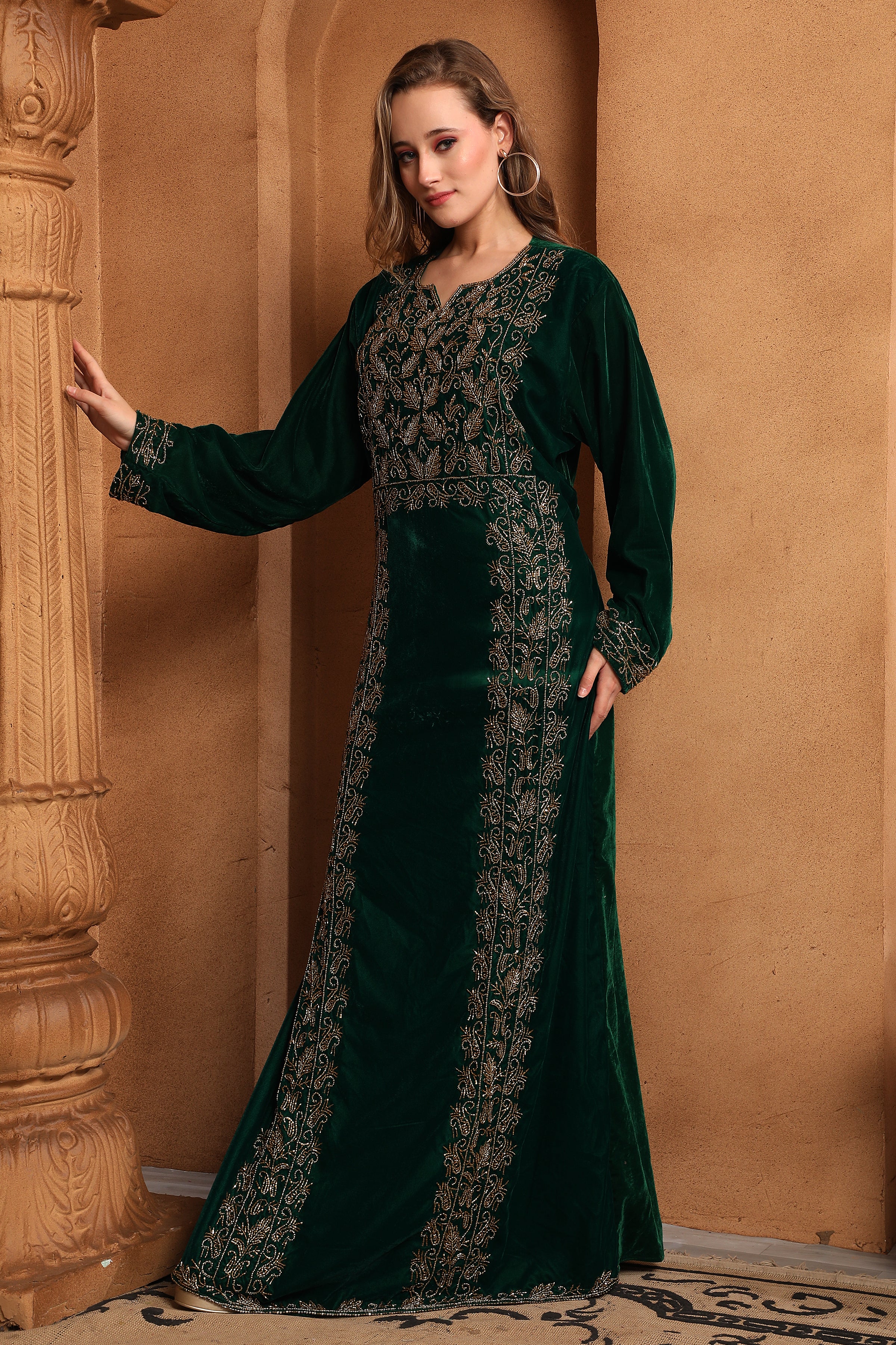 Side of Noor Green Velvet Embroidered Gown