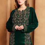 Closeup of Noor Green Velvet Embroidered Gown