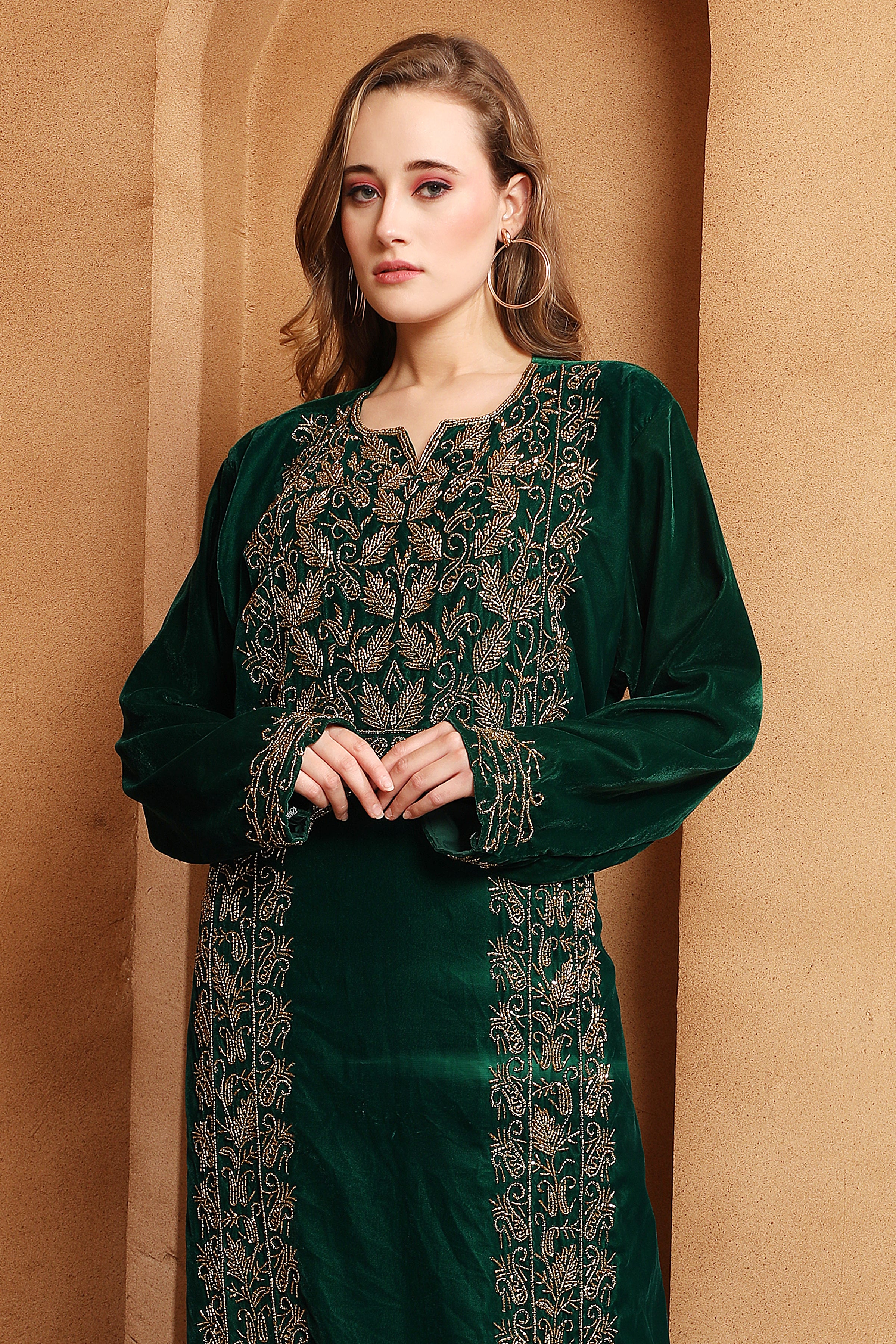 Closeup of Noor Green Velvet Embroidered Gown