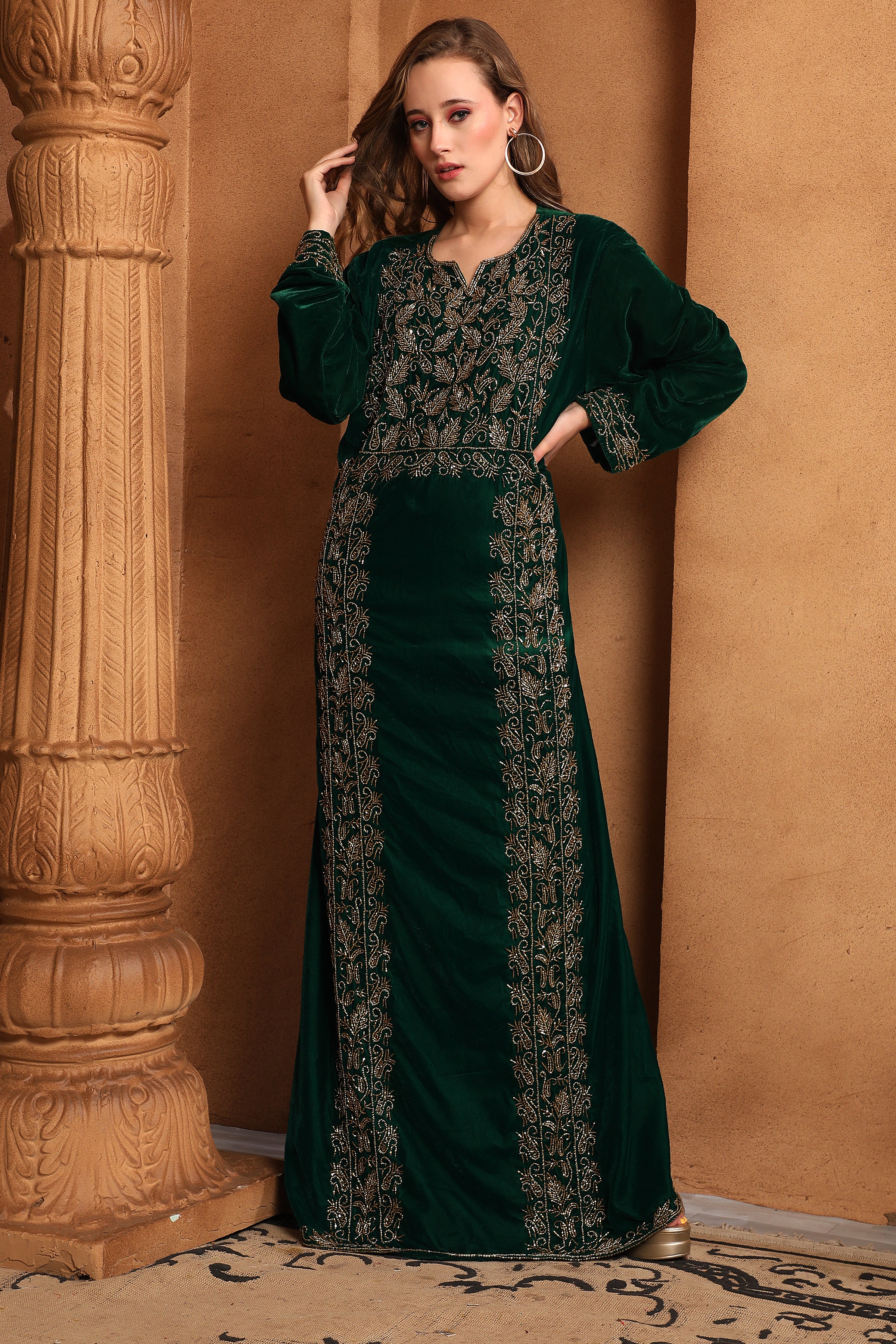 Noor Green Velvet Embroidered Gown