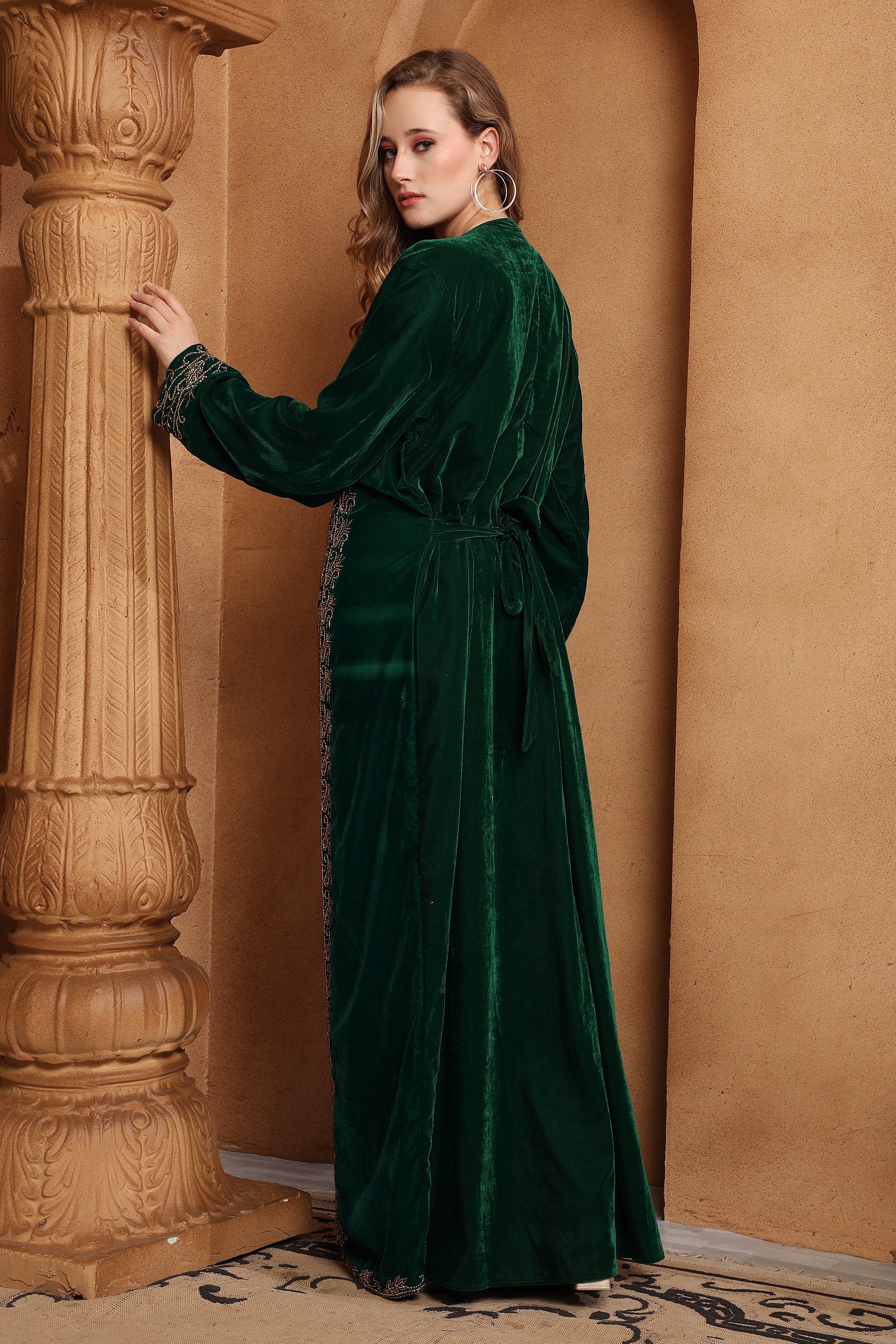 Back of Noor Green Velvet Embroidered Gown