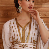 Closeup of Rowa White Moroccan Caftan With Hand Embroidery