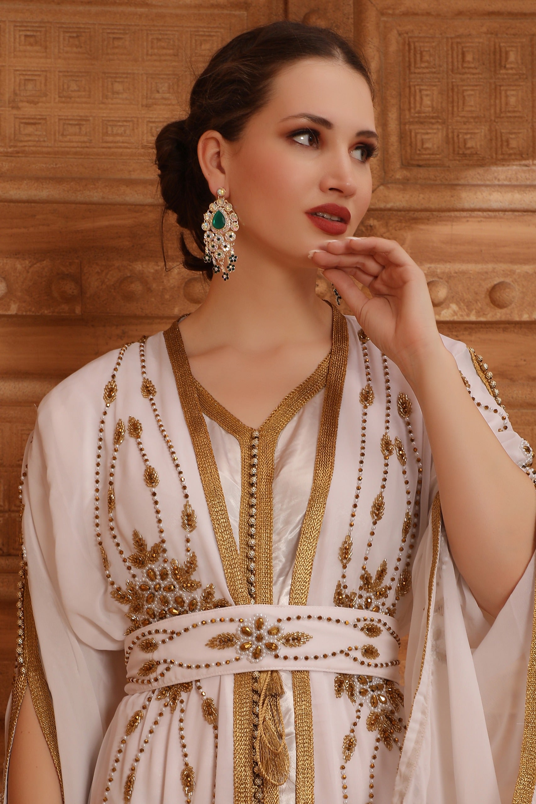 Closeup of Rowa White Moroccan Caftan With Hand Embroidery