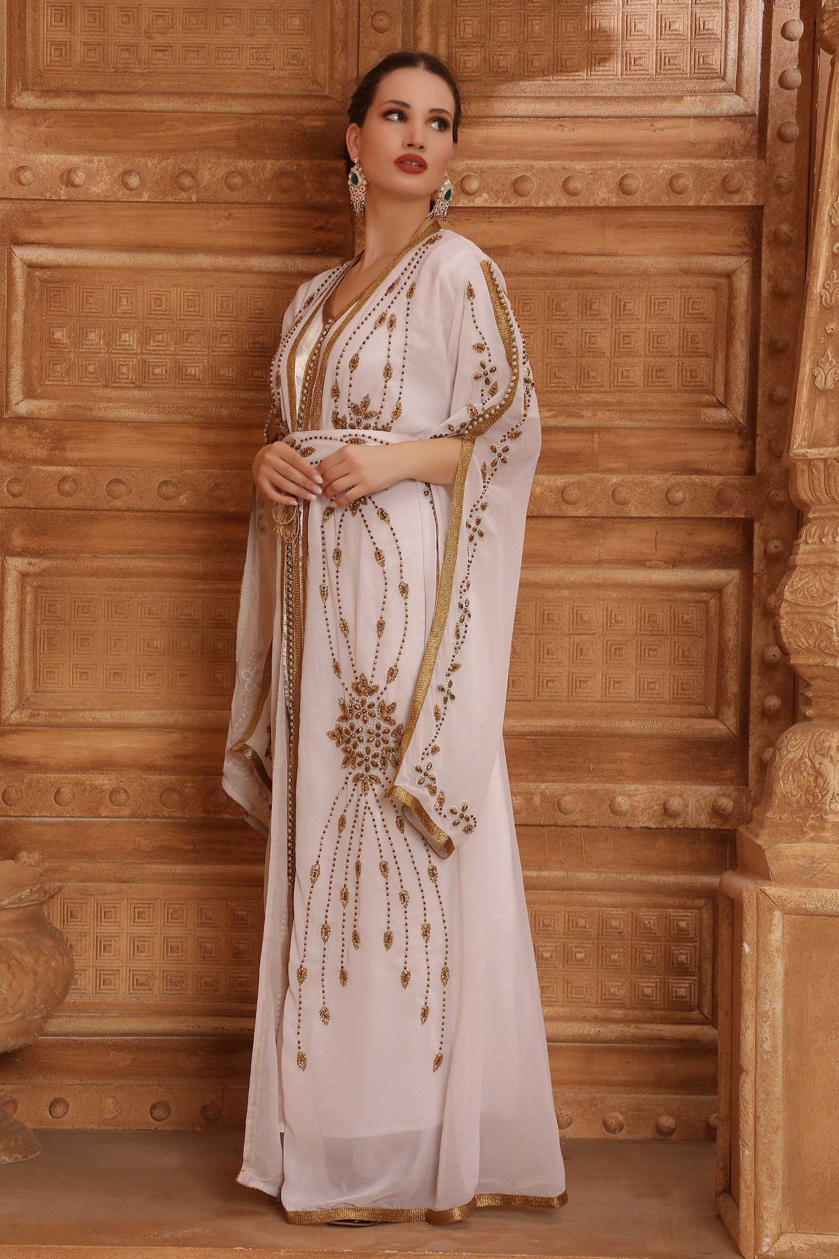 Side of Rowa White Moroccan Caftan With Hand Embroidery