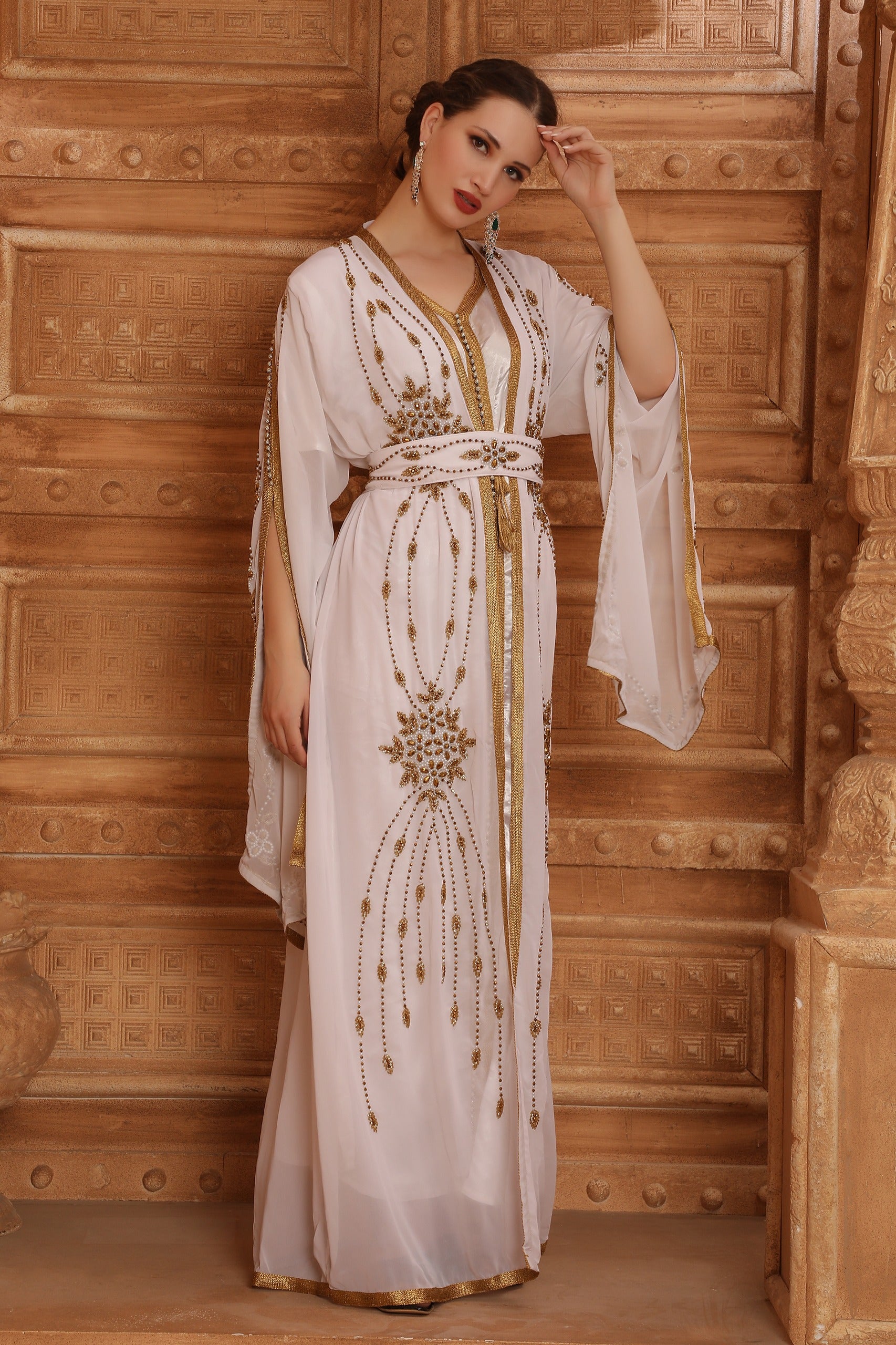Rowa White Moroccan Caftan With Hand Embroidery