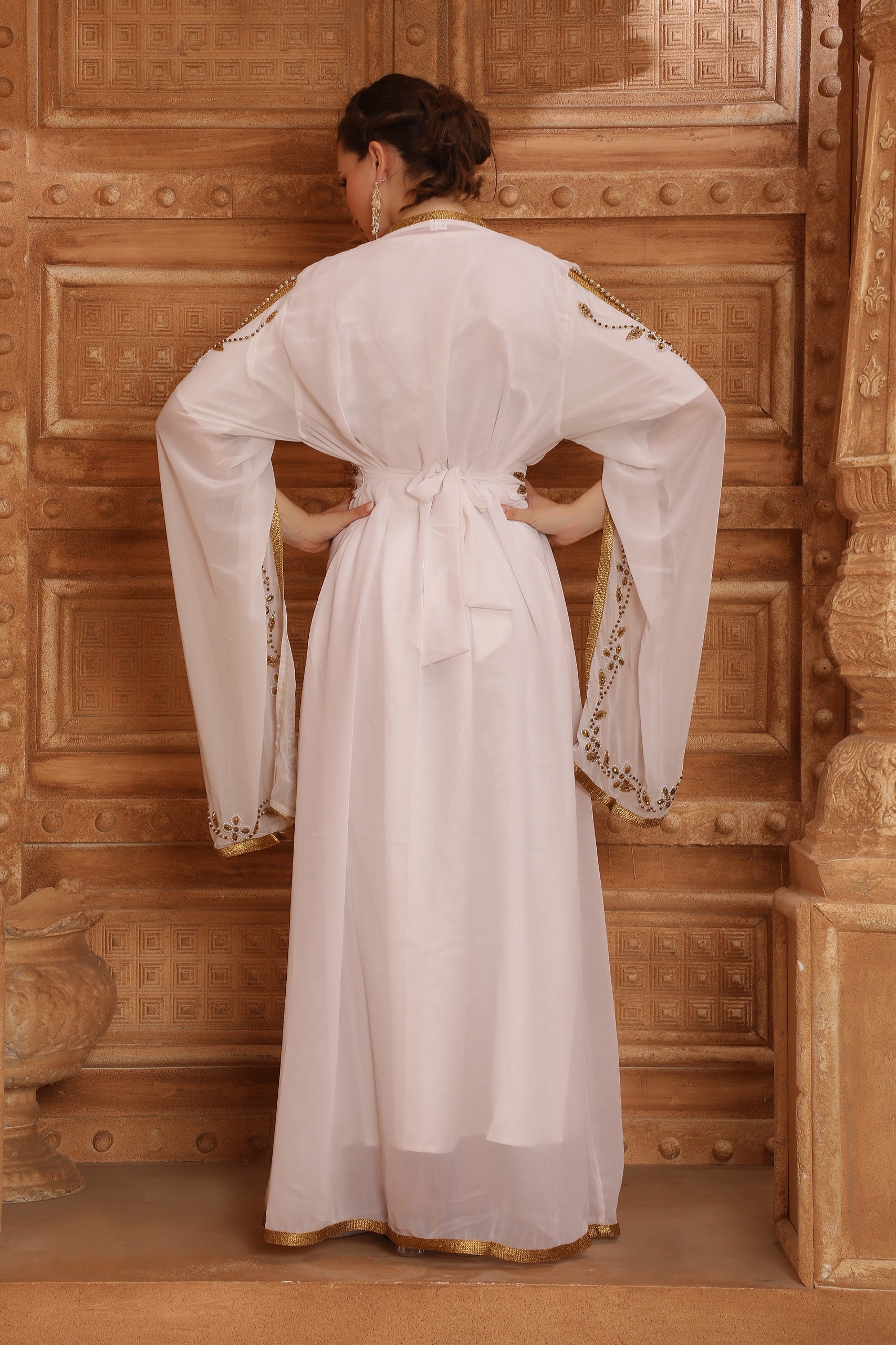 Back of Rowa White Moroccan Caftan With Hand Embroidery