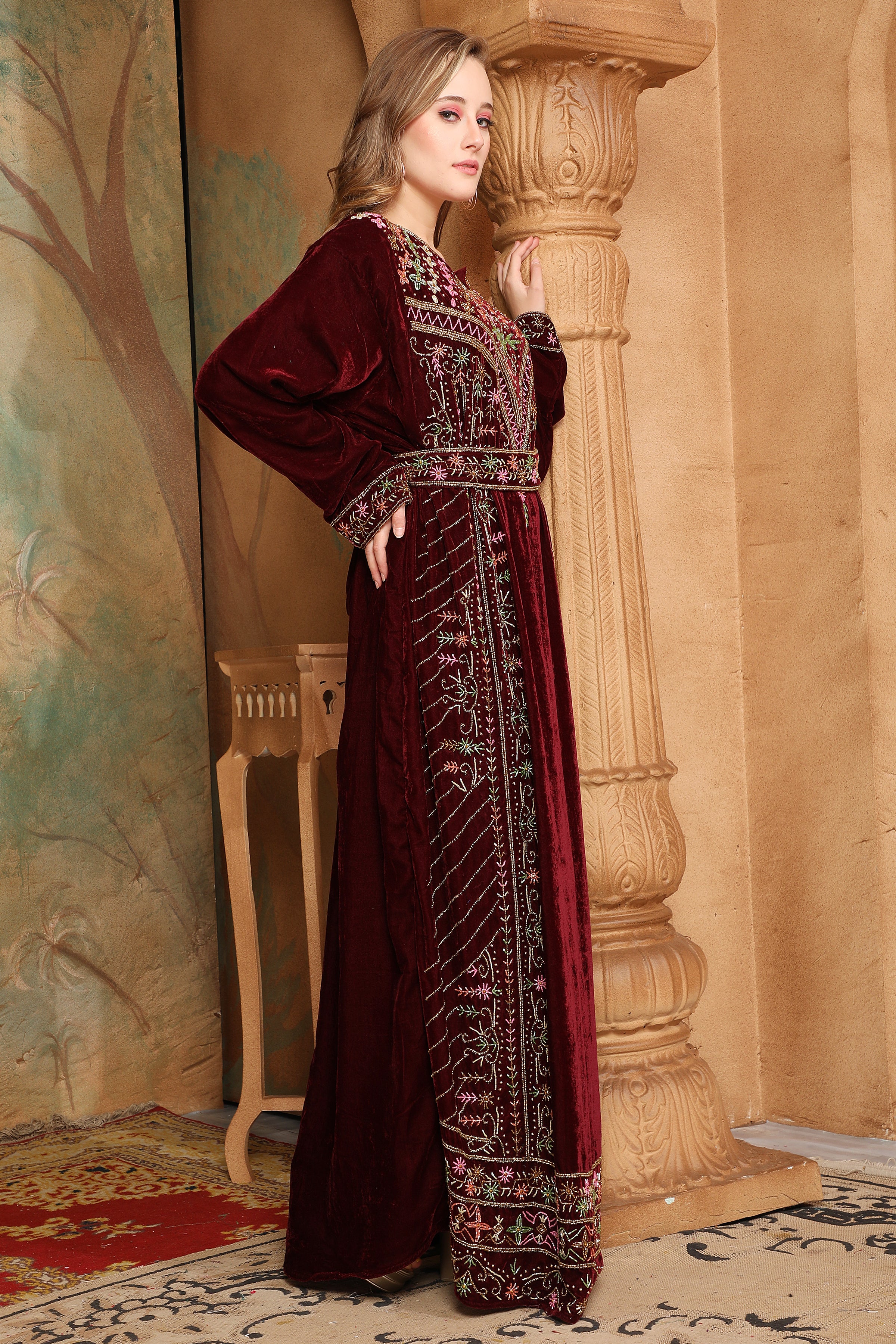 Side of Safa Brown Velvet Embroidered Gown