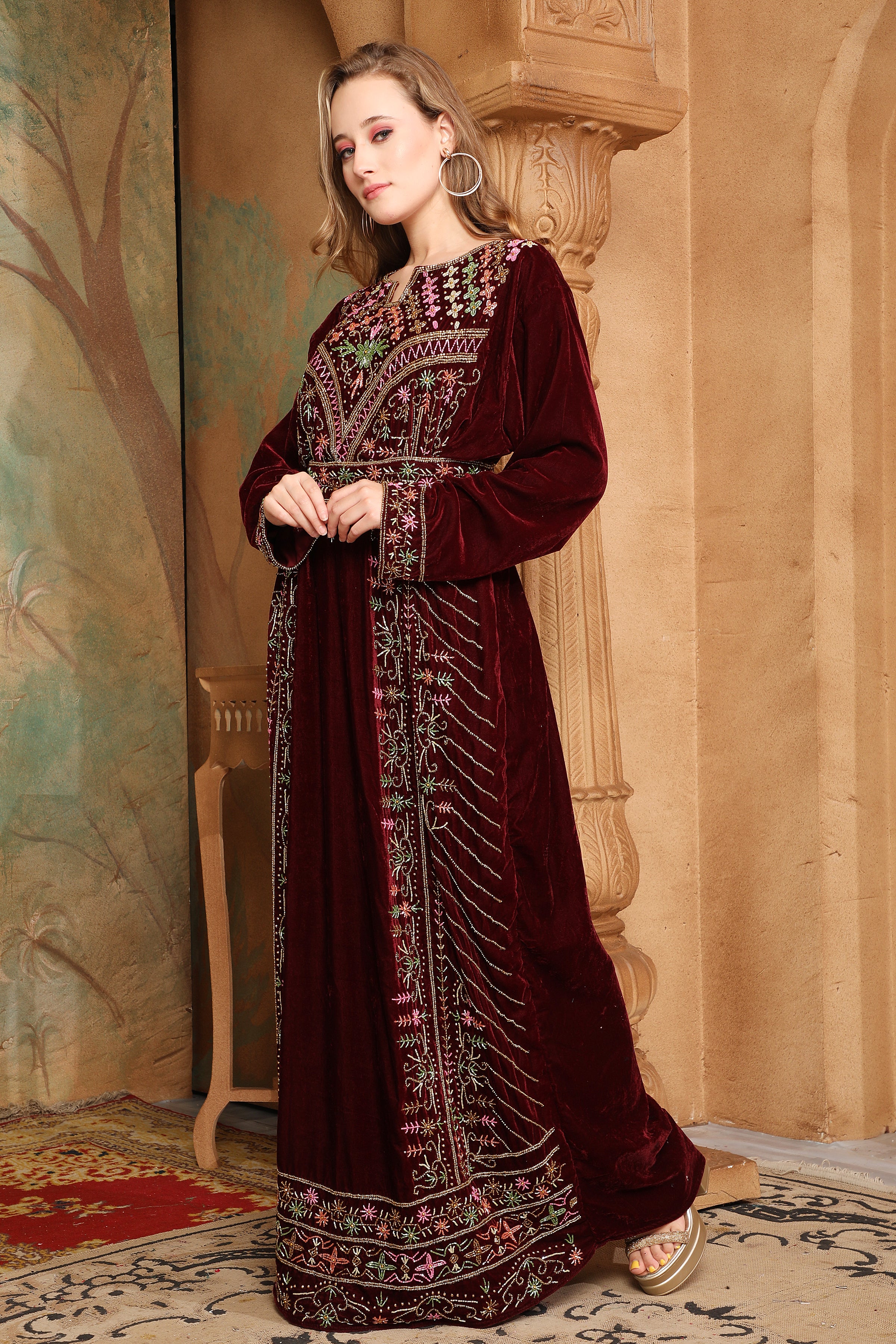 Side of Safa Brown Velvet Embroidered Gown