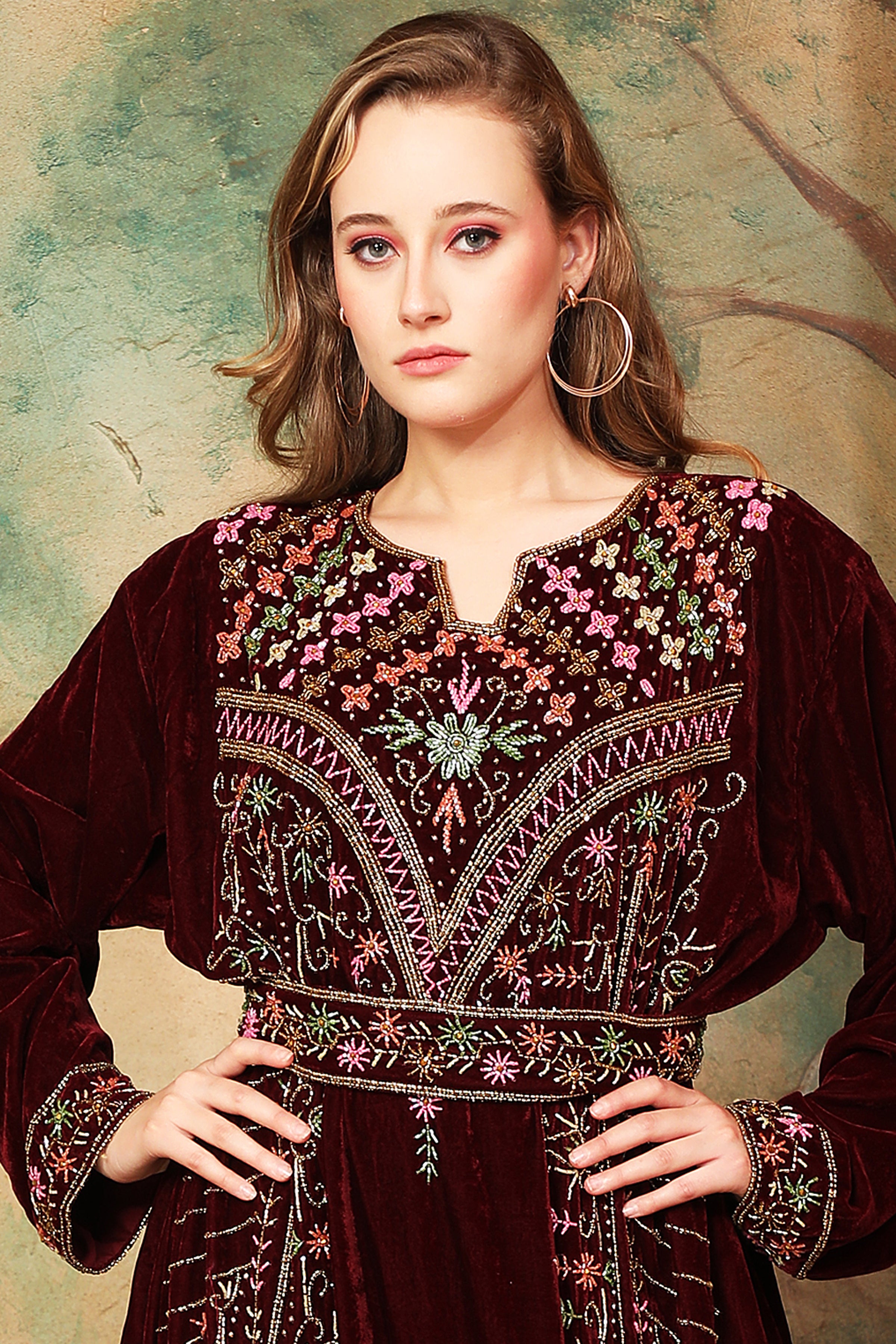 Closeup of Safa Brown Velvet Embroidered Gown